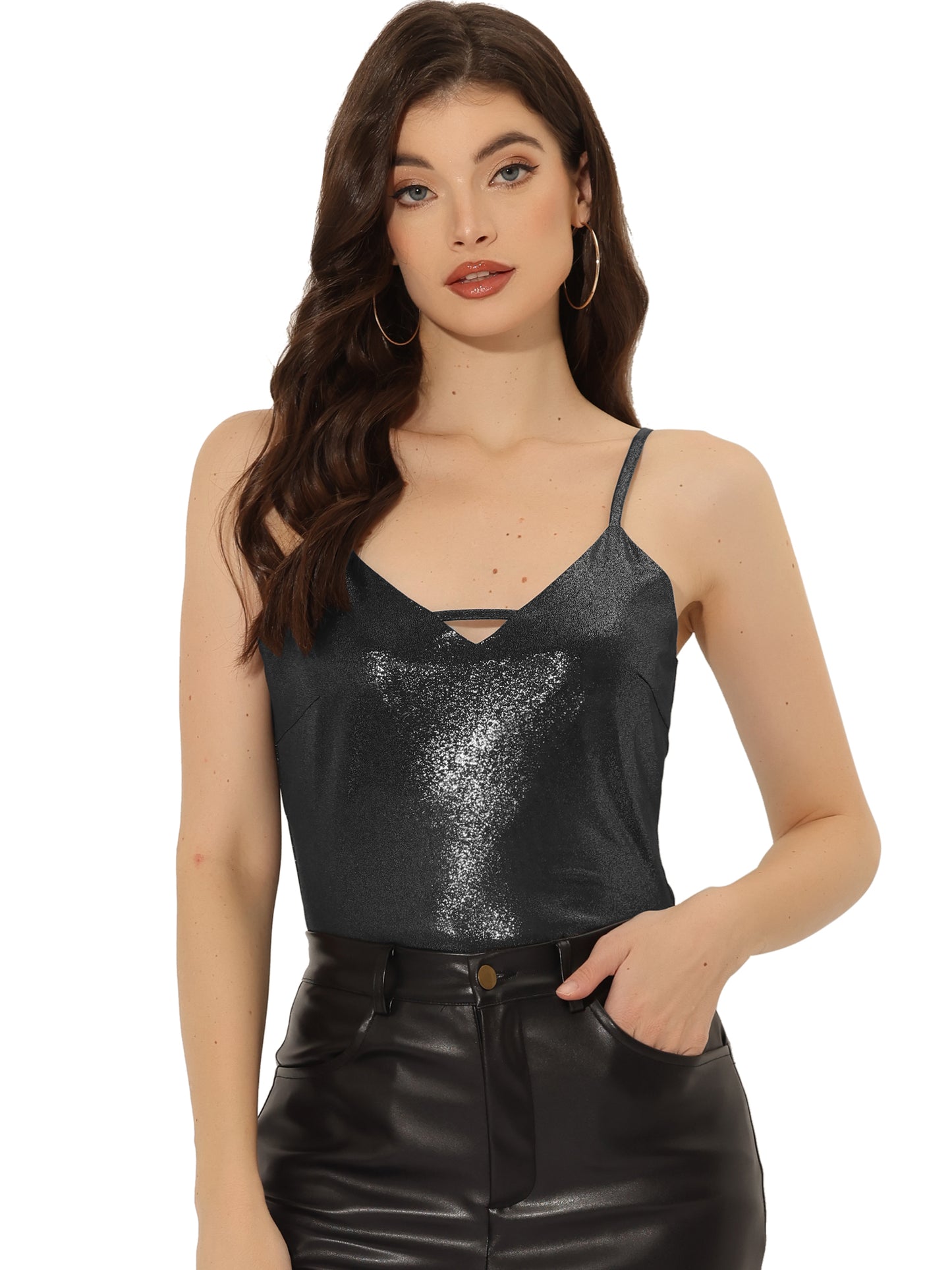 Women's Metallic Shiny Party Tank Top Deep V Camisole Top