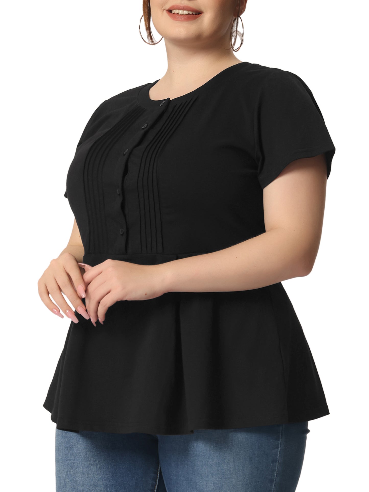 Women Plus Size Peplum Shirt Summer Round Neck Short Sleeve Work Top