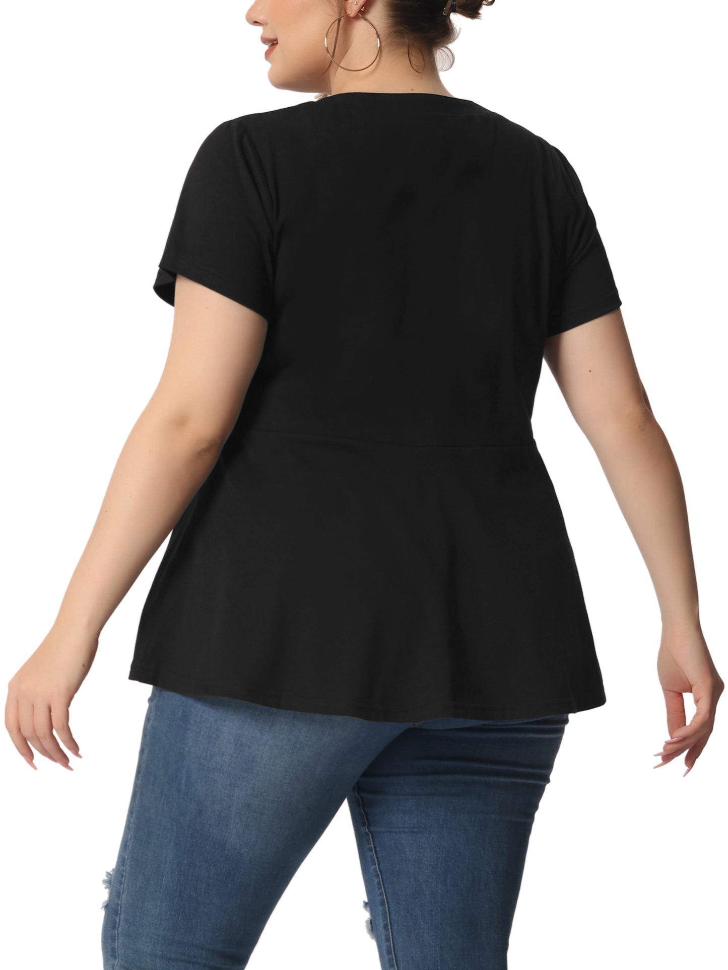 Women Plus Size Peplum Shirt Summer Round Neck Short Sleeve Work Top
