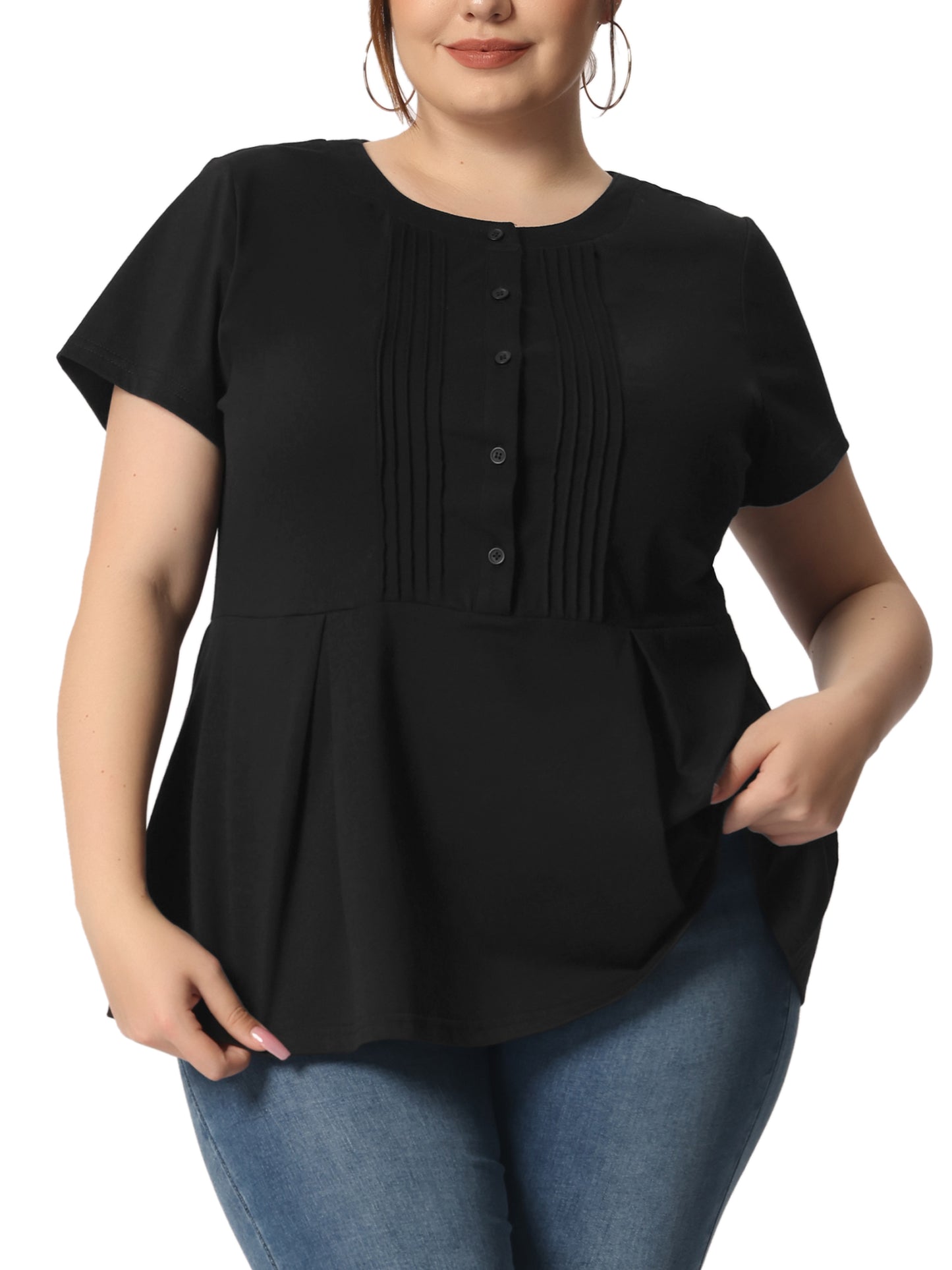Women Plus Size Peplum Shirt Summer Round Neck Short Sleeve Work Top