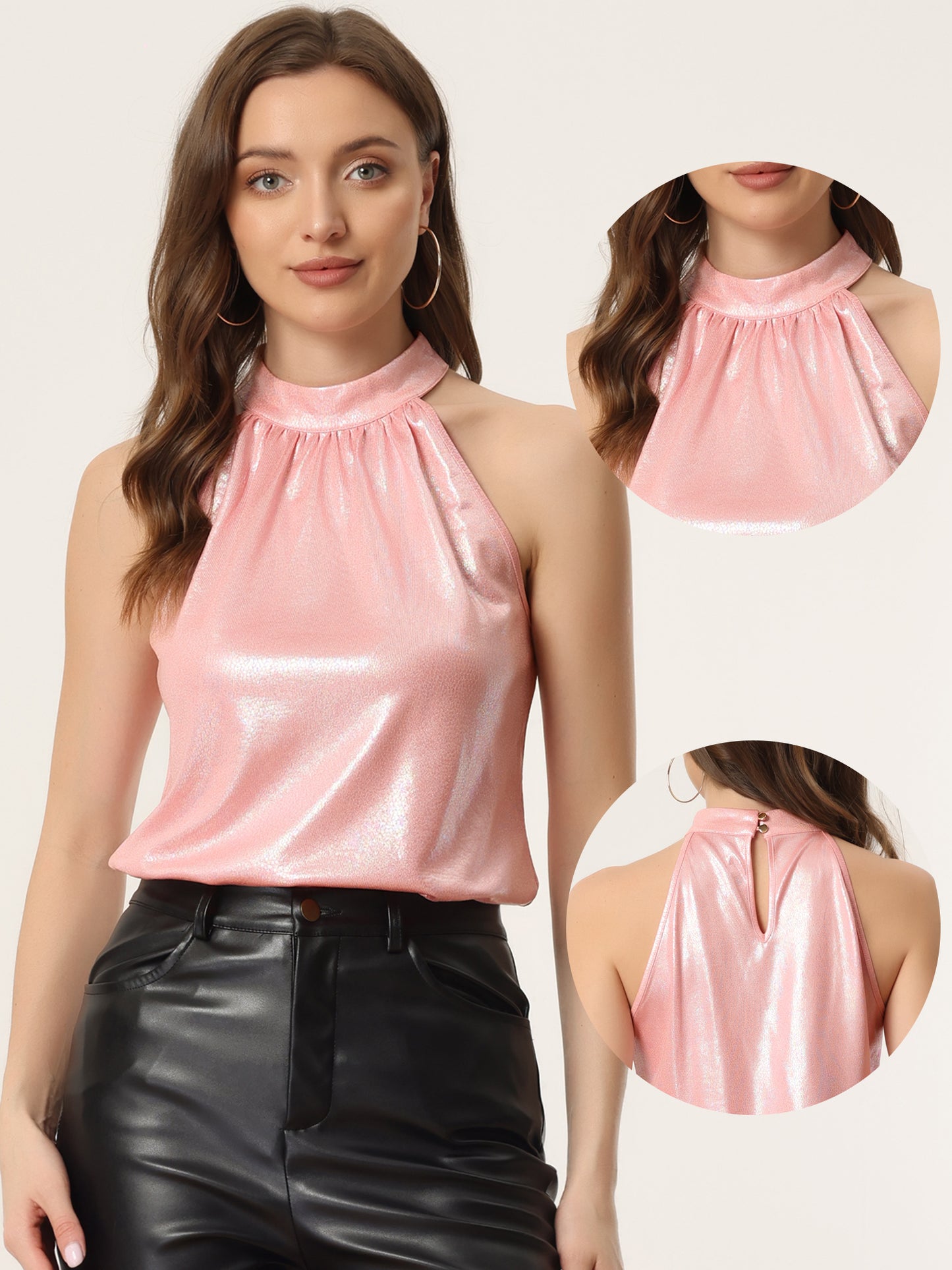 Women Shiny Sleeveless Halter Tops Party Club Cocktail Vest Tank Camisole Top