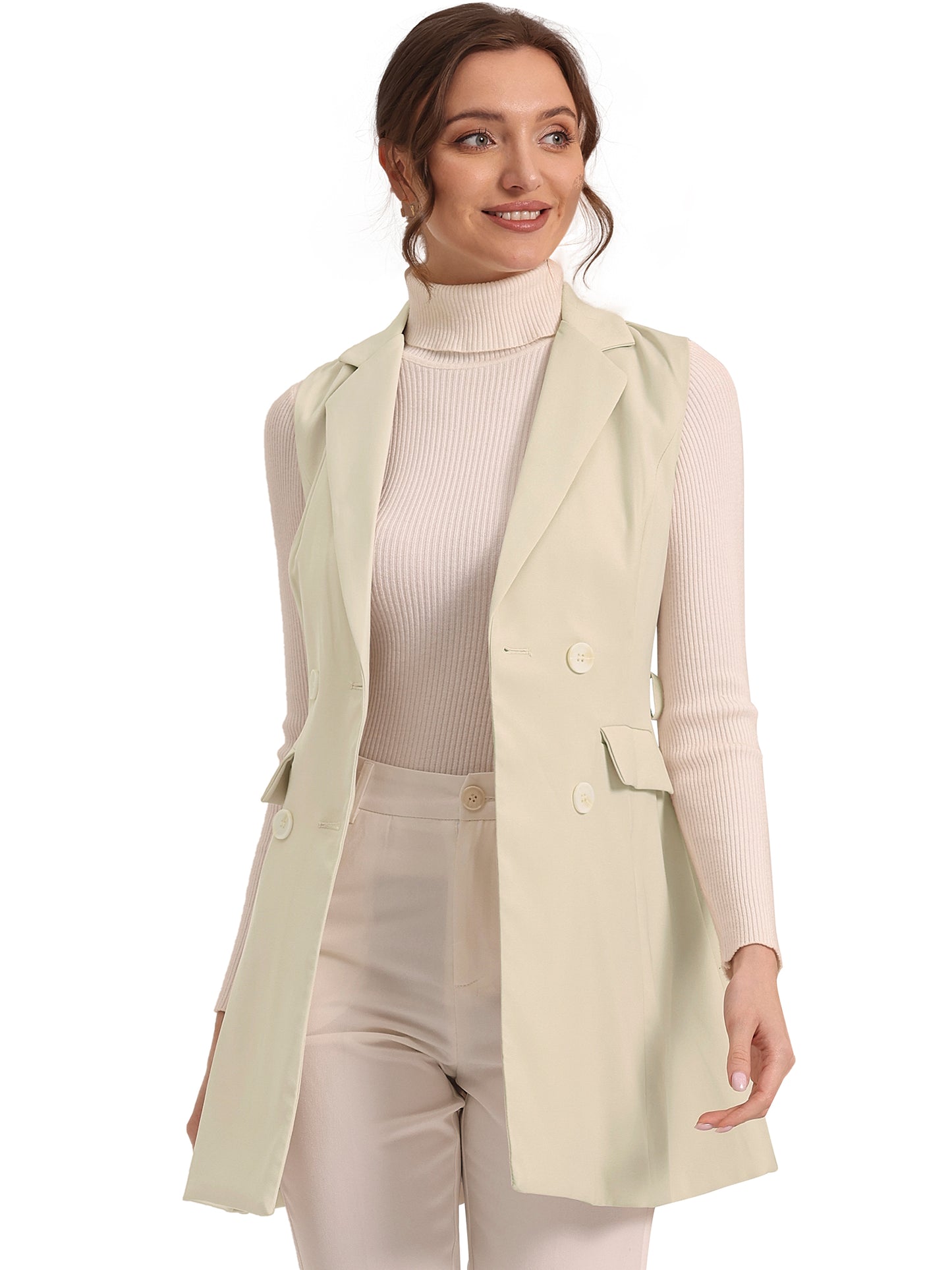 Women's Sleeveless Blazer Work Double Breasted Lightweight Belted Long Trench Vest
