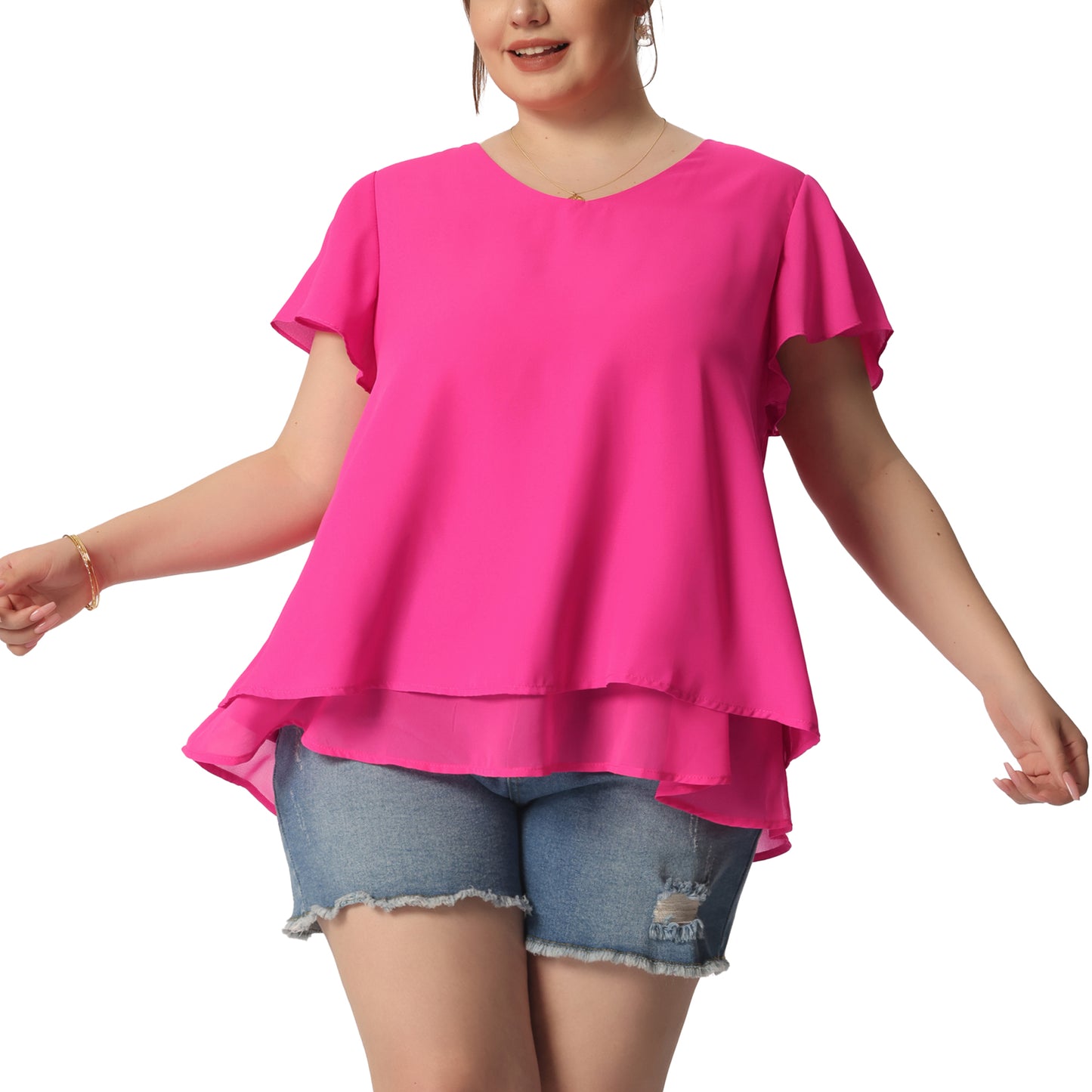 Women's Plus Size Summer Ruffle Short Sleeves V Neck Double Layered Hem Chiffon Blouse