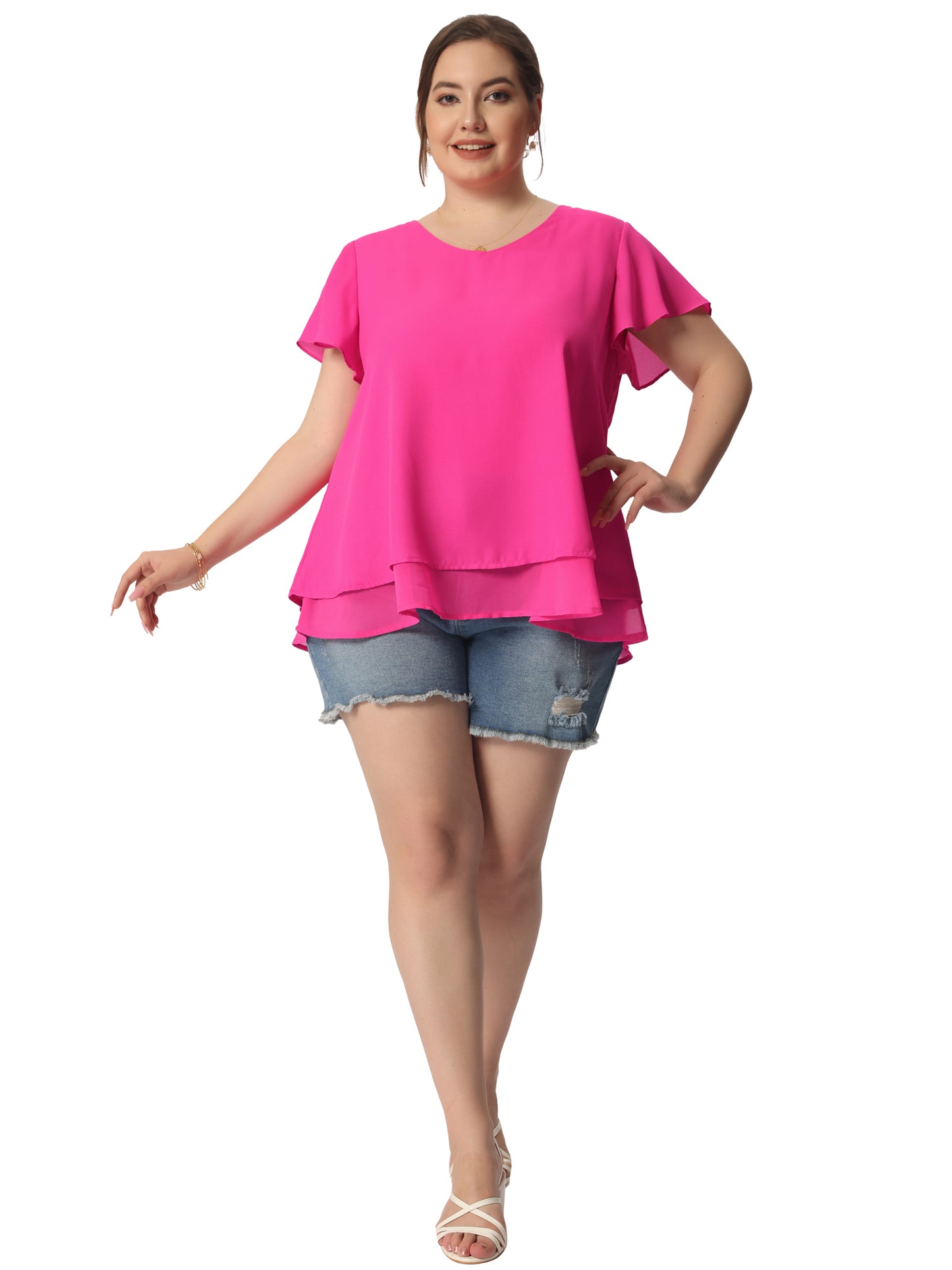Women's Plus Size Summer Ruffle Short Sleeves V Neck Double Layered Hem Chiffon Blouse