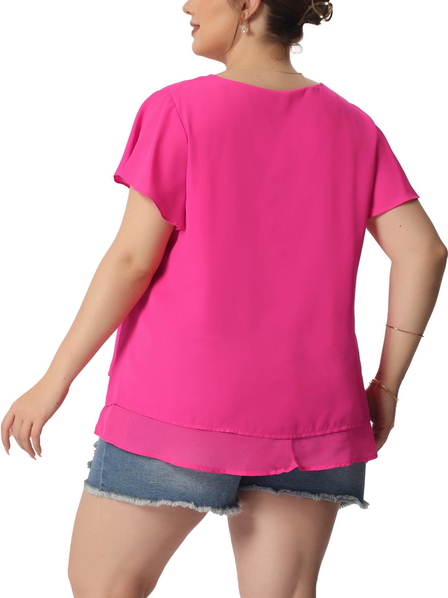 Women's Plus Size Summer Ruffle Short Sleeves V Neck Double Layered Hem Chiffon Blouse