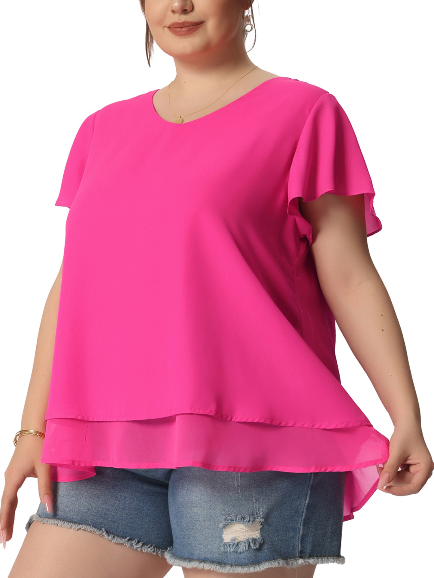 Women's Plus Size Summer Ruffle Short Sleeves V Neck Double Layered Hem Chiffon Blouse