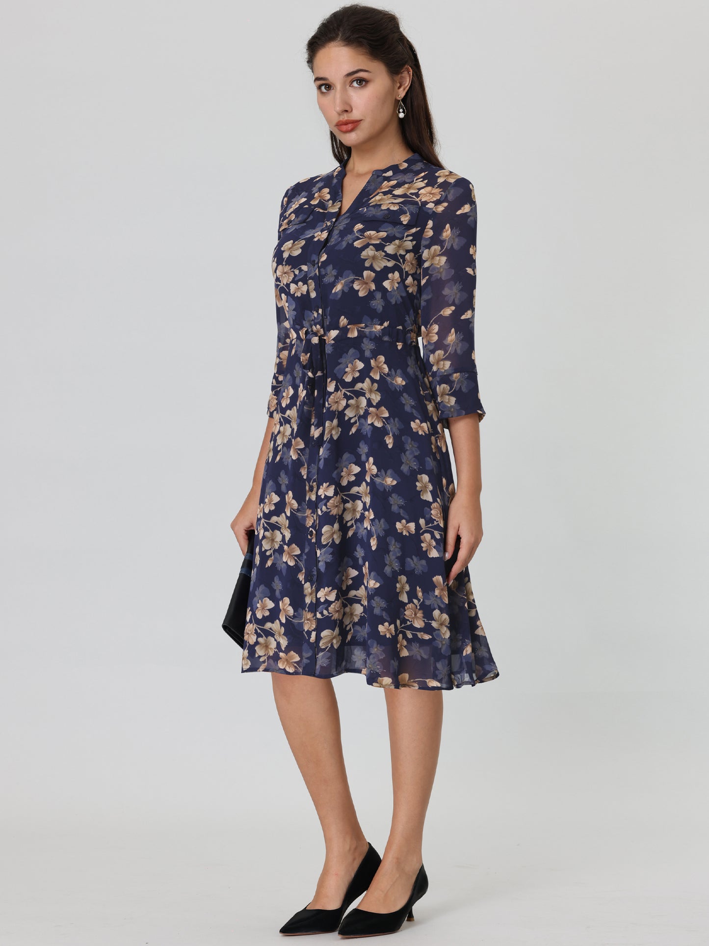 Women's Floral A-Line Dress 3/4 Sleeve Chiffon Button Up Midi Flare Dresses