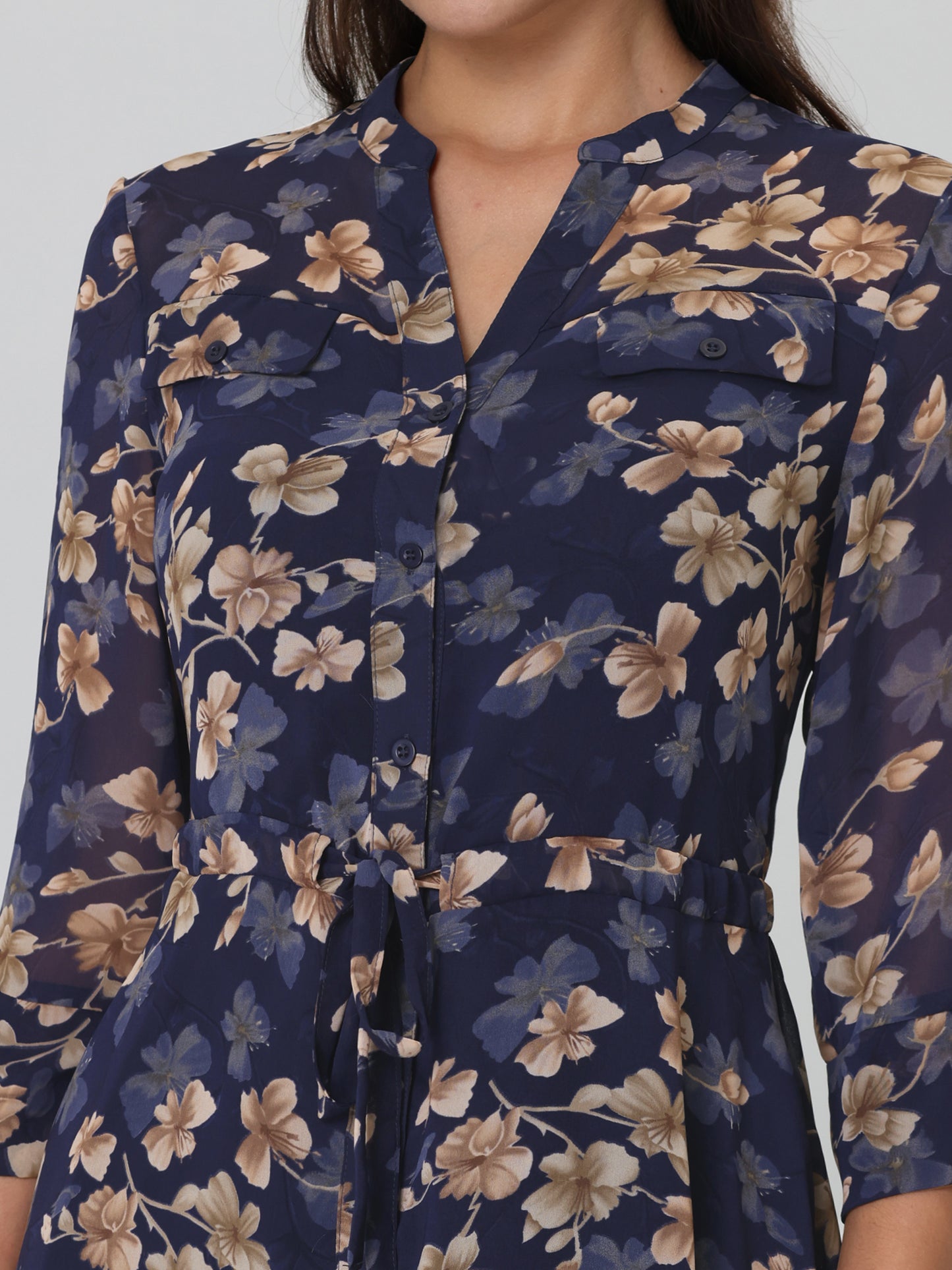 Women's Floral A-Line Dress 3/4 Sleeve Chiffon Button Up Midi Flare Dresses