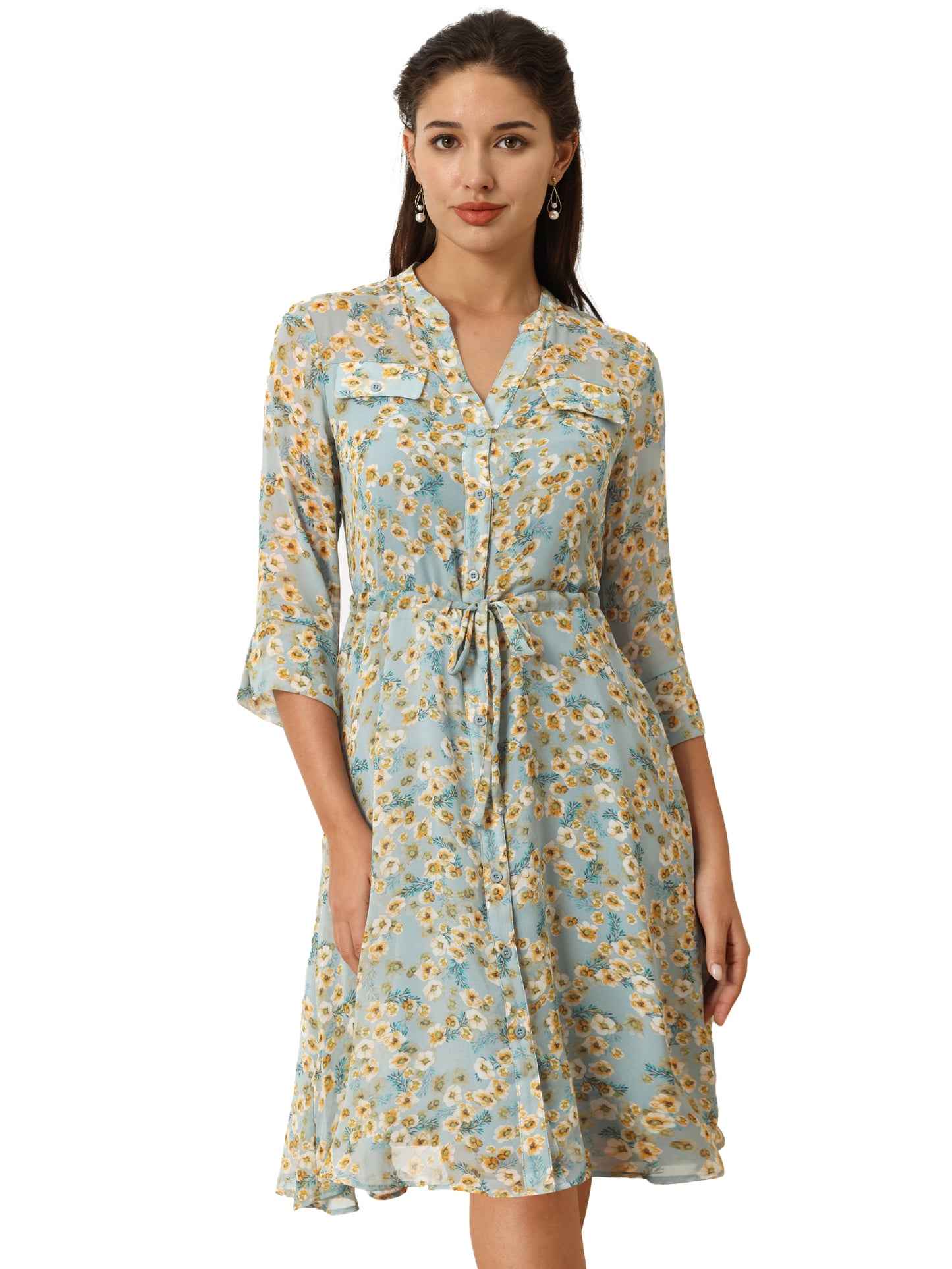 Women's Floral A-Line Dress 3/4 Sleeve Chiffon Button Up Midi Flare Dresses