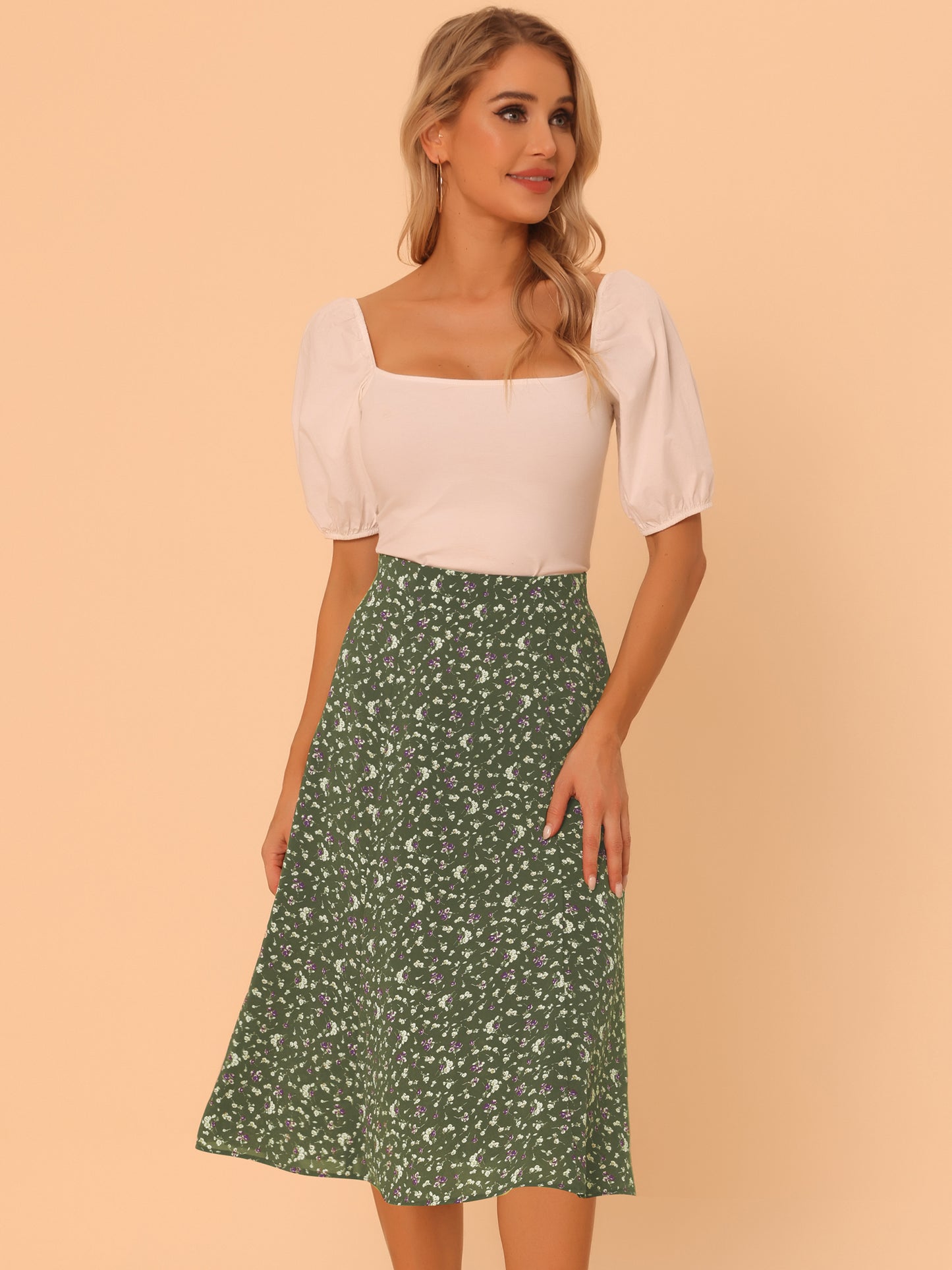 Women's Floral Midi Skirt Peasant Elastic Waist A-Line Ditsy Printed Skirts