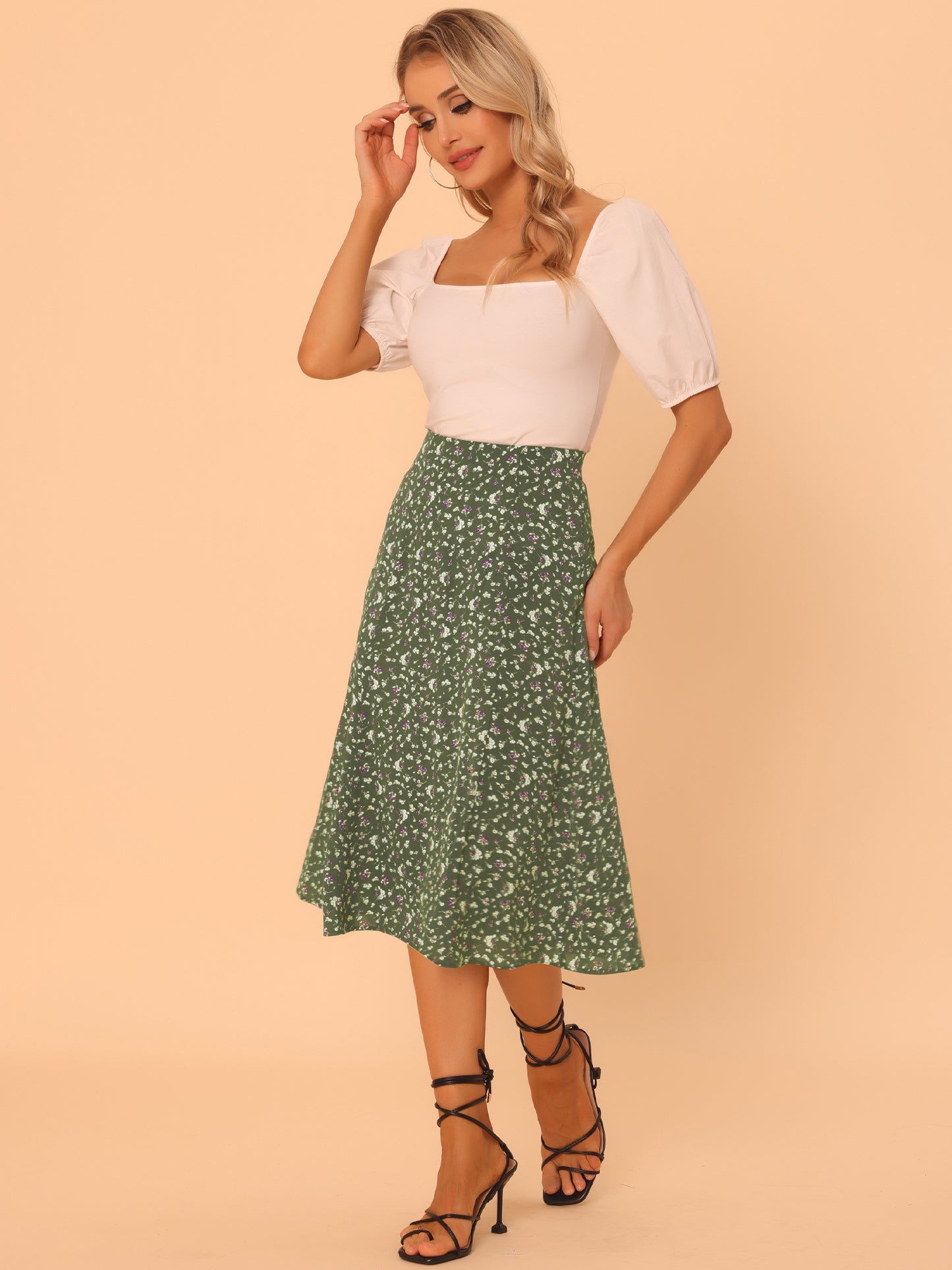 Women's Floral Midi Skirt Peasant Elastic Waist A-Line Ditsy Printed Skirts