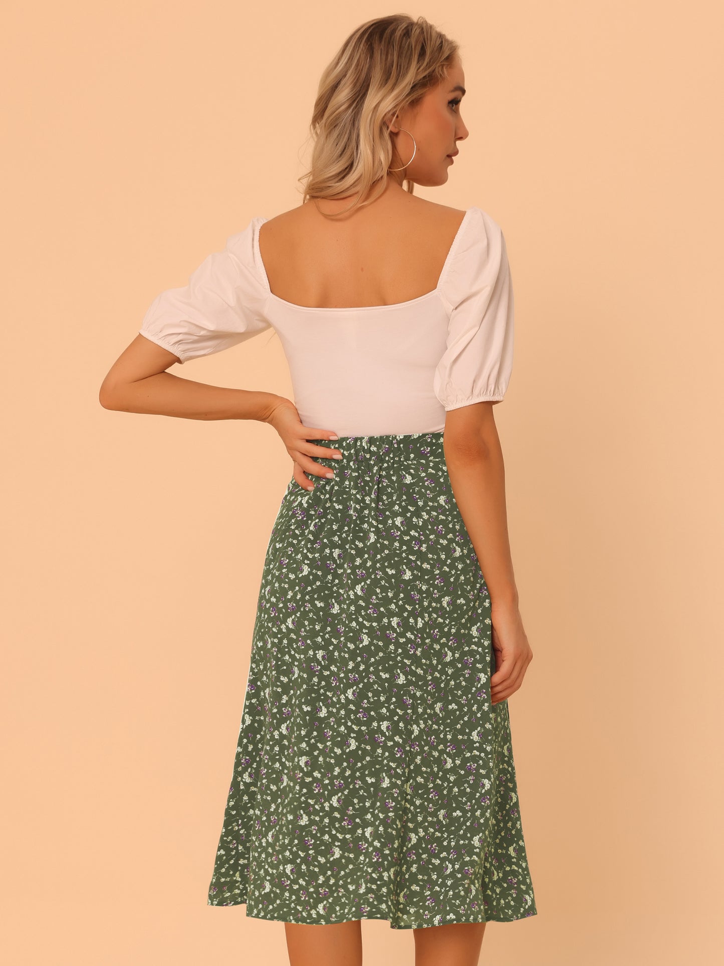 Women's Floral Midi Skirt Peasant Elastic Waist A-Line Ditsy Printed Skirts