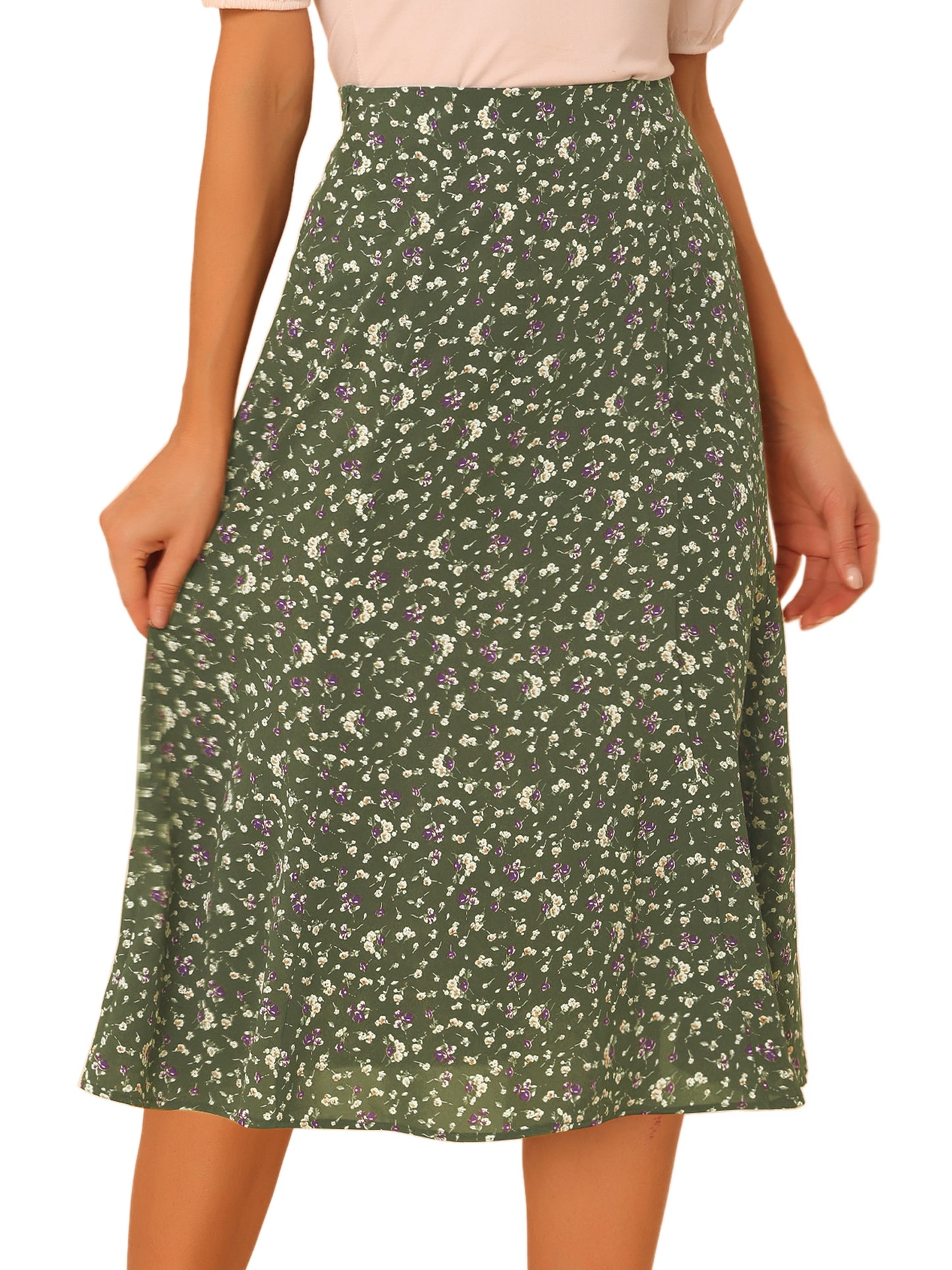 Women's Floral Midi Skirt Peasant Elastic Waist A-Line Ditsy Printed Skirts