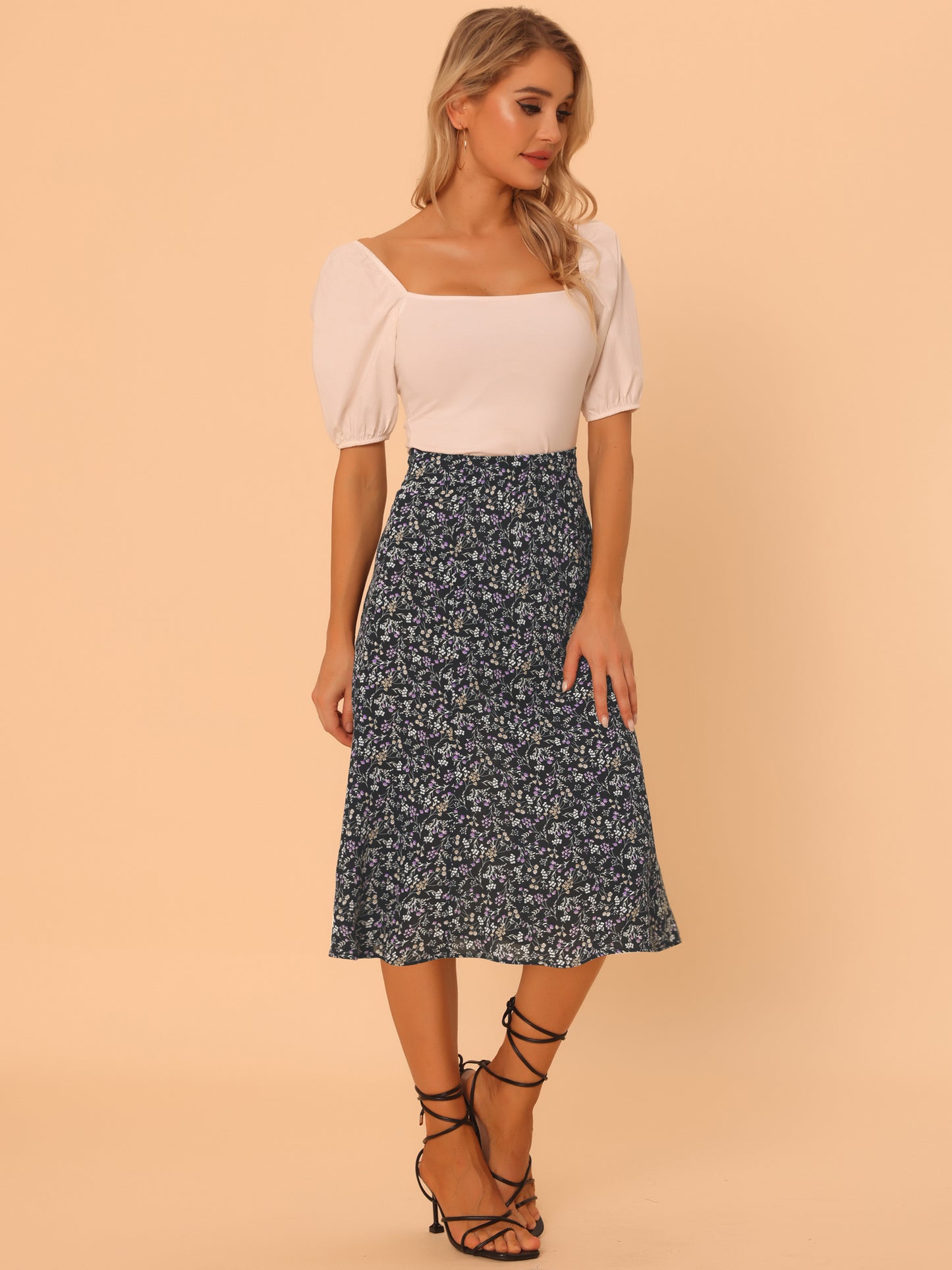 Women's Floral Midi Skirt Peasant Elastic Waist A-Line Ditsy Printed Skirts