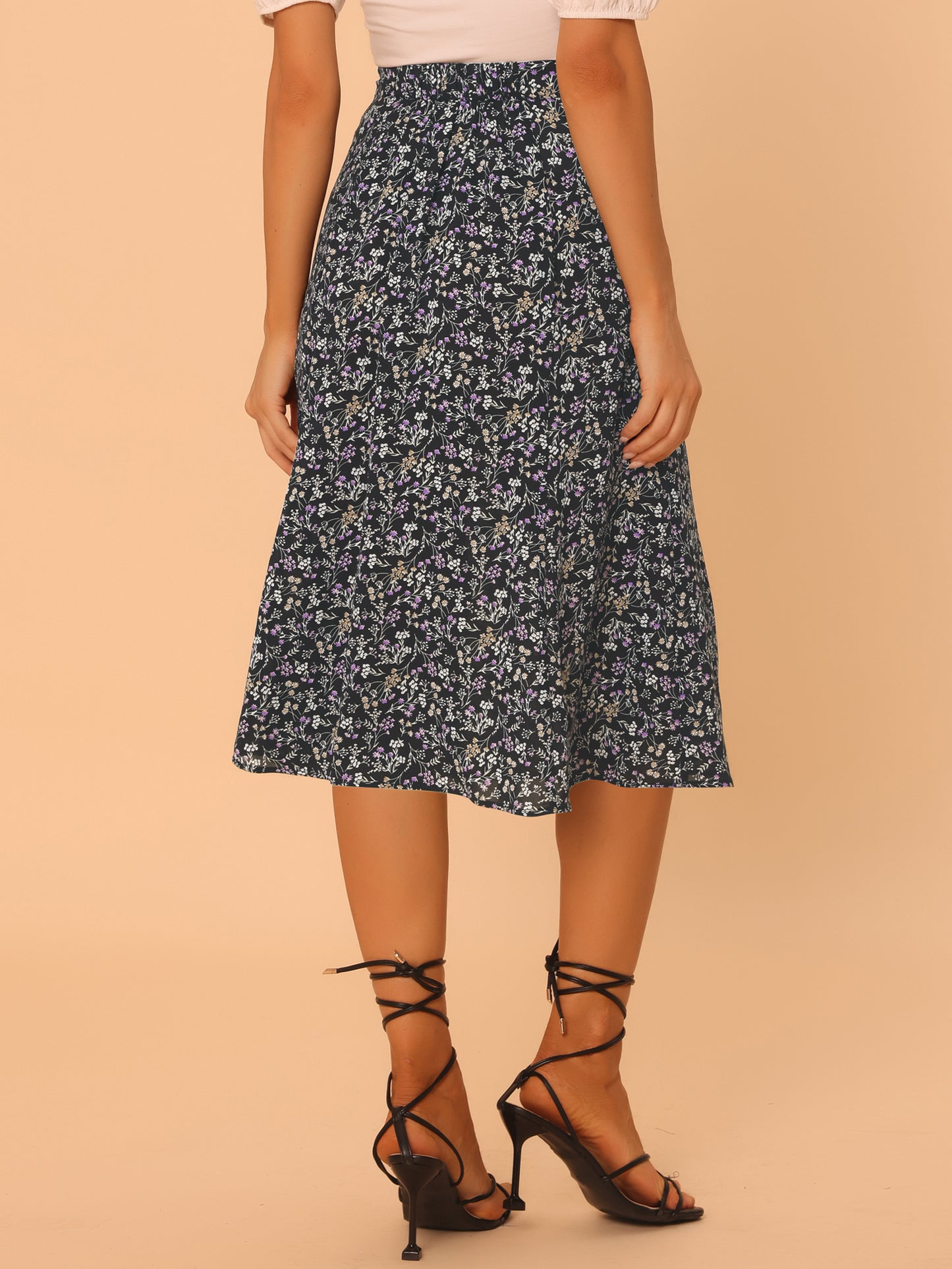 Women's Floral Midi Skirt Peasant Elastic Waist A-Line Ditsy Printed Skirts