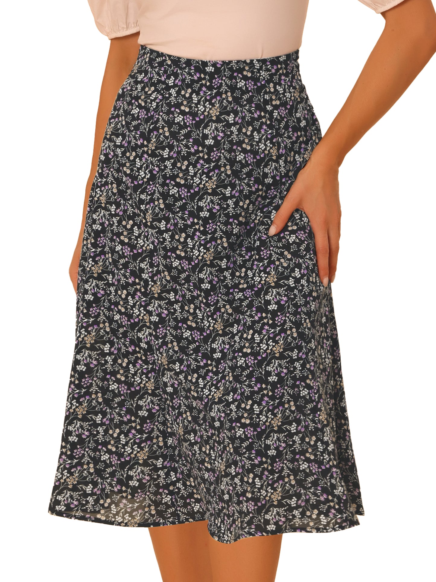 Women's Floral Midi Skirt Peasant Elastic Waist A-Line Ditsy Printed Skirts