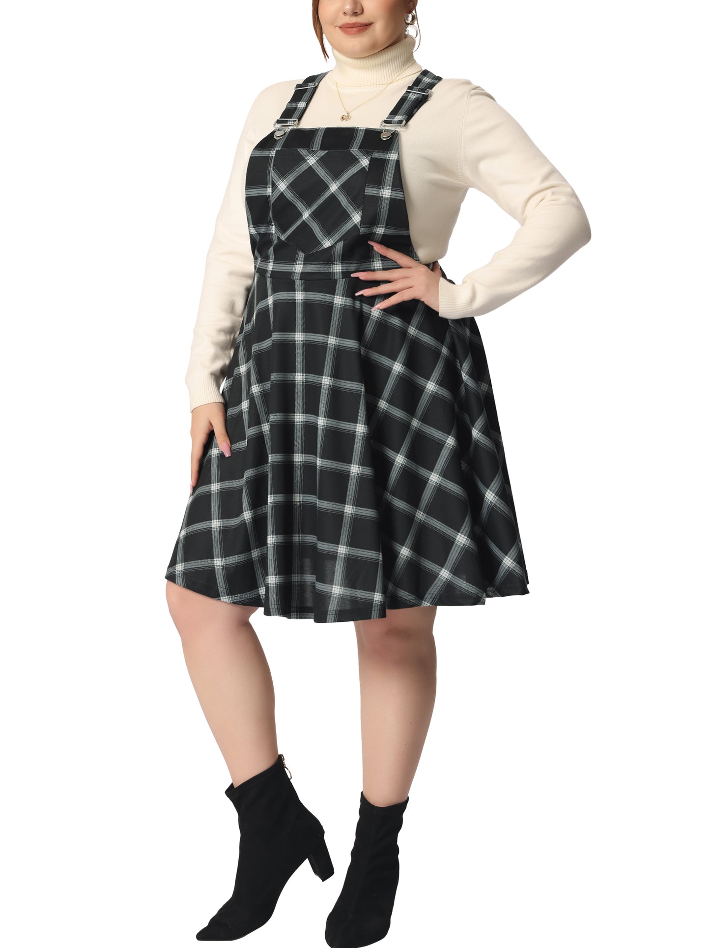 Women's Plus Size Casual Plaid Printed Overall Pinafore Dress Swing Adjustable Straps Dress