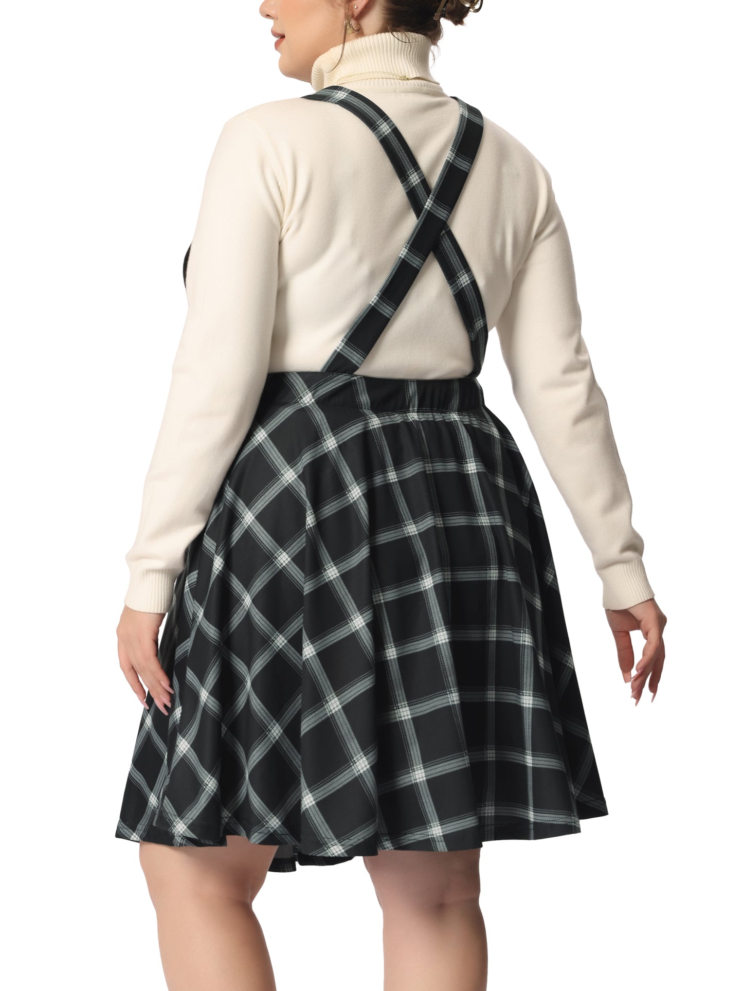 Women's Plus Size Casual Plaid Printed Overall Pinafore Dress Swing Adjustable Straps Dress