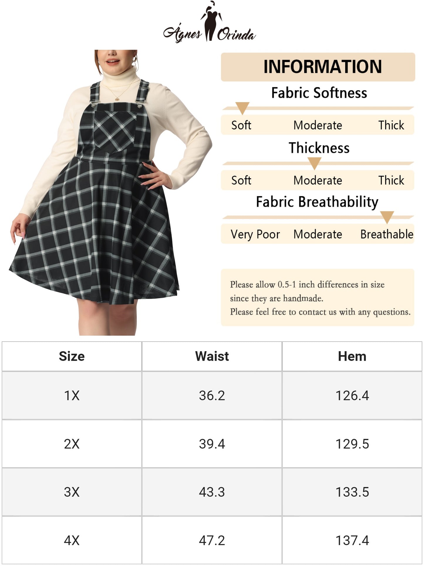 Women's Plus Size Casual Plaid Printed Overall Pinafore Dress Swing Adjustable Straps Dress