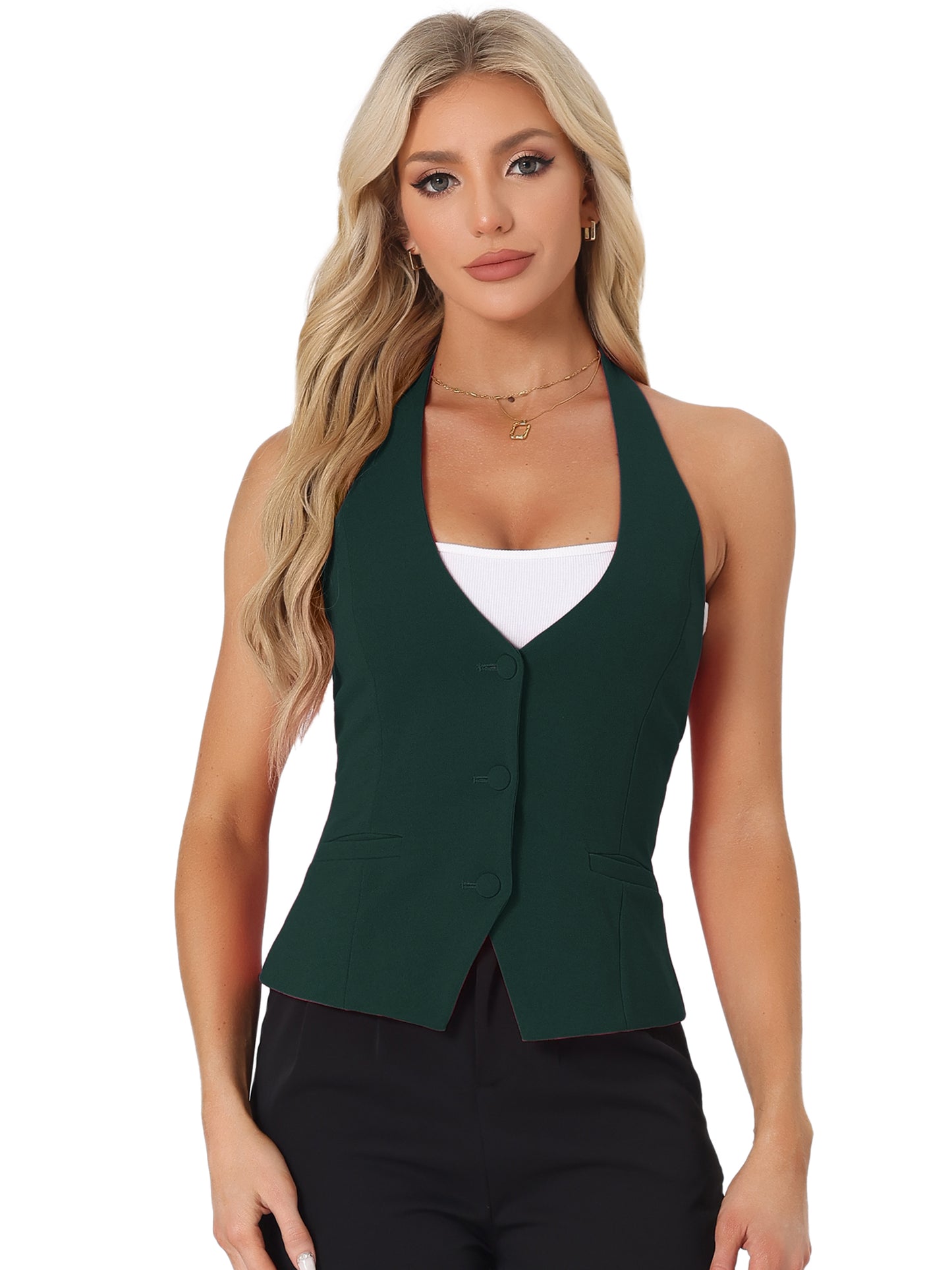 Women's Waistcoat Halter Neck Vintage Sleeveless Button Down Dressy Suit Vest Jacket