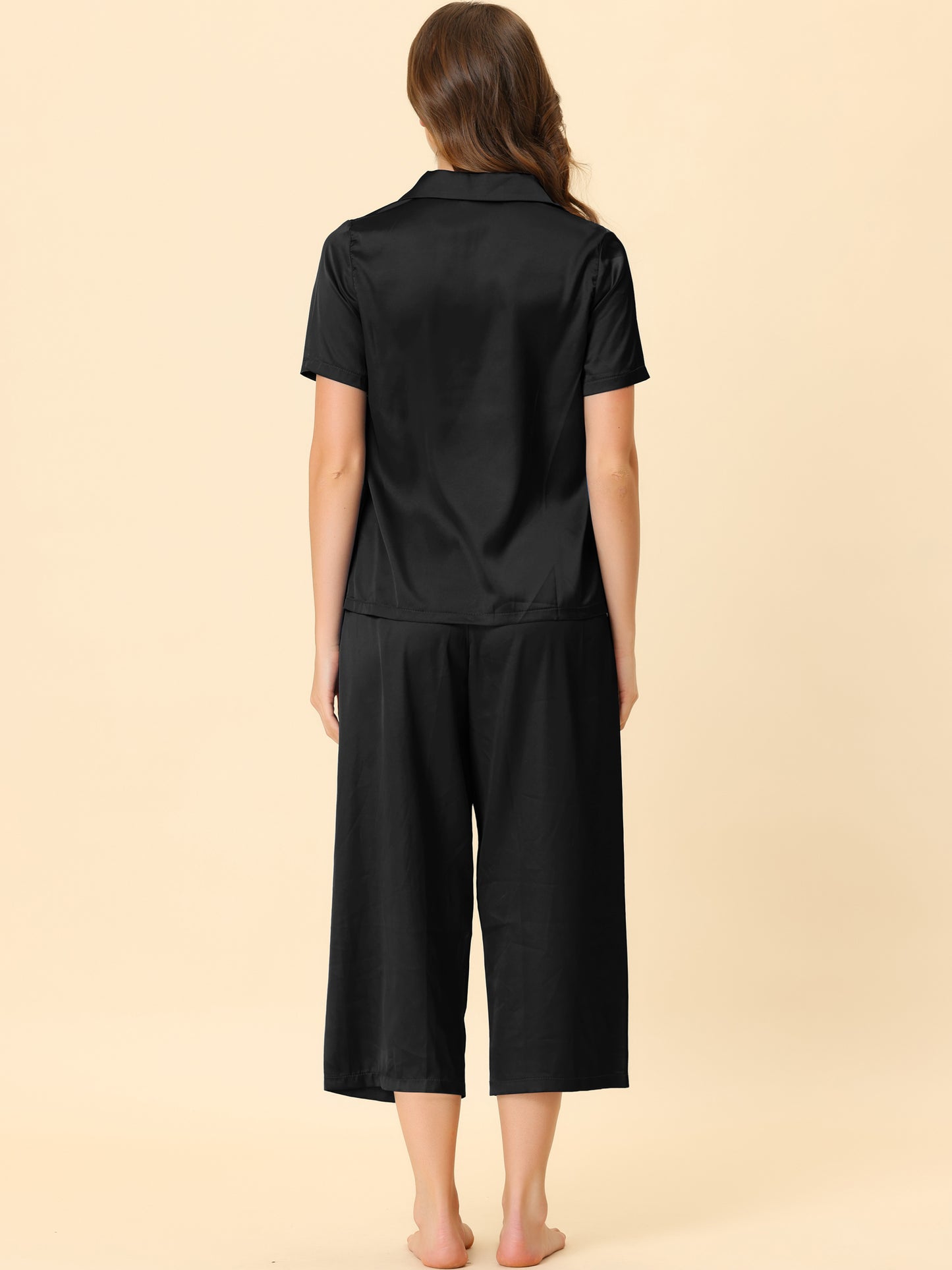 Women's Satin Pajamas Sleepwear Button Down Lounge Silk Pjs Set with Capri Pants