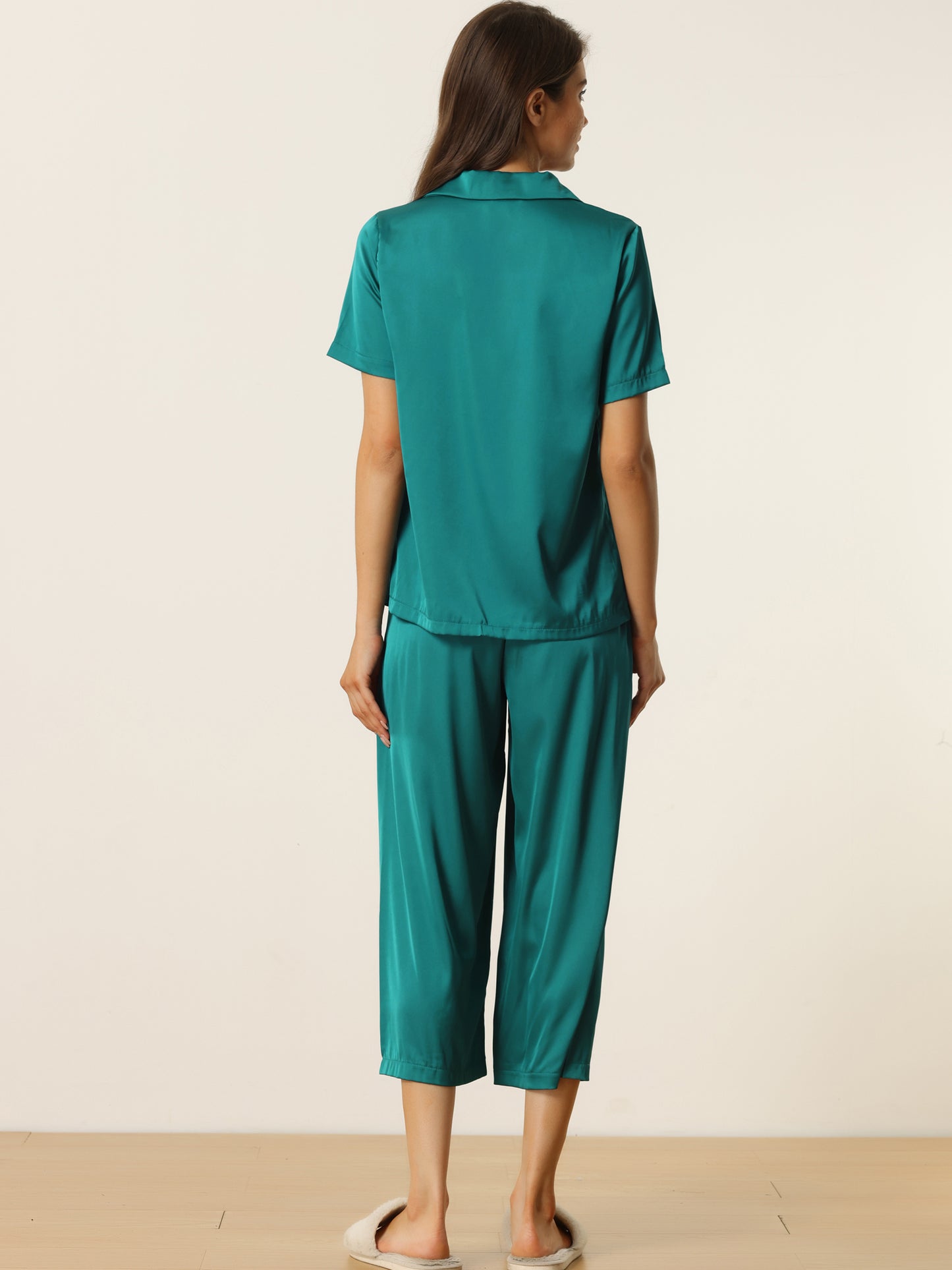 Women's Satin Pajamas Sleepwear Button Down Lounge Silk Pjs Set with Capri Pants