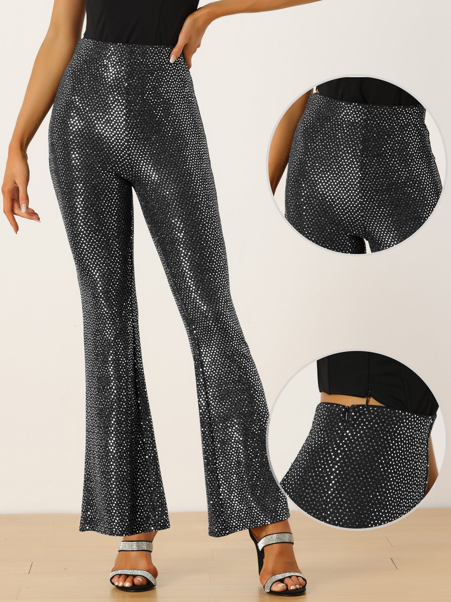 Women's Sequin Flare Pants High Waist Stretch 1980s Retro Vintage Sparkle Long Bell Bottoms
