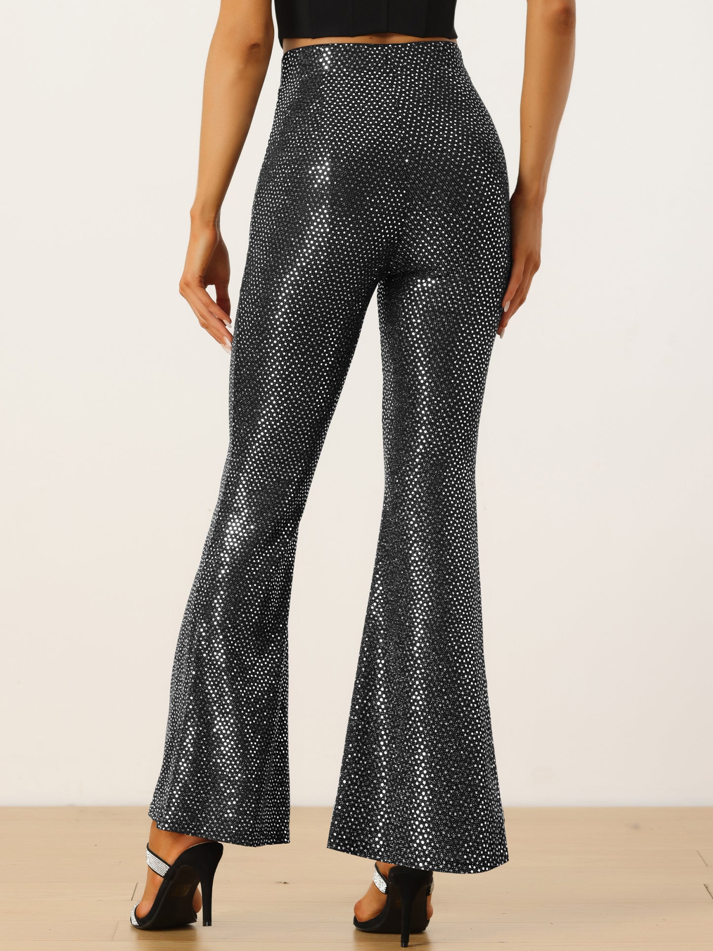 Women's Sequin Flare Pants High Waist Stretch 1980s Retro Vintage Sparkle Long Bell Bottoms