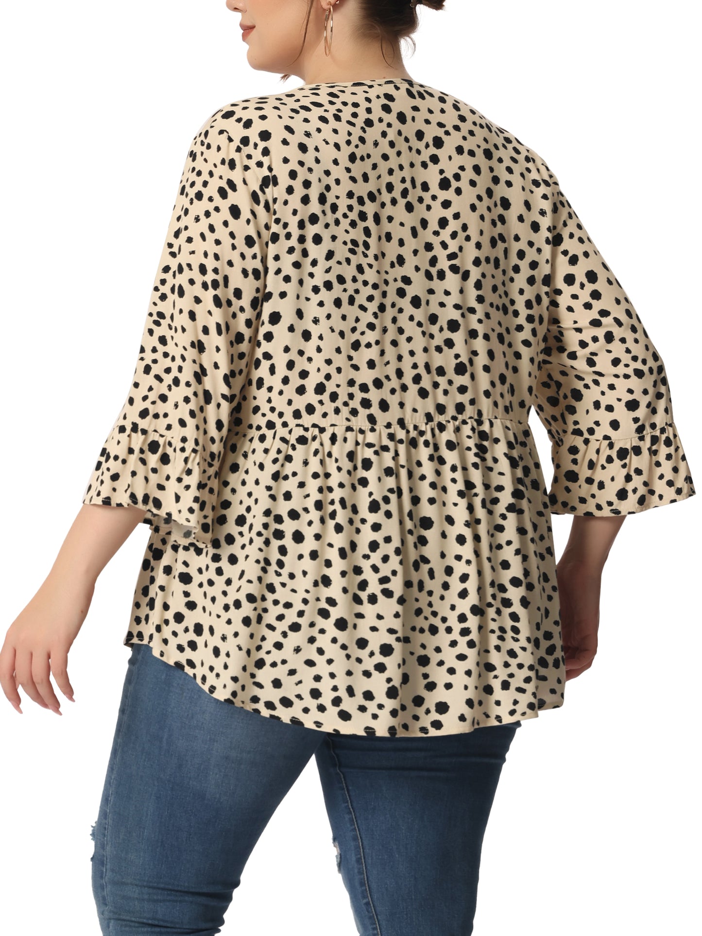 Women Plus Size Polka Dots Blouses V Neck 3/4 Ruffle Sleeve Peplum Top