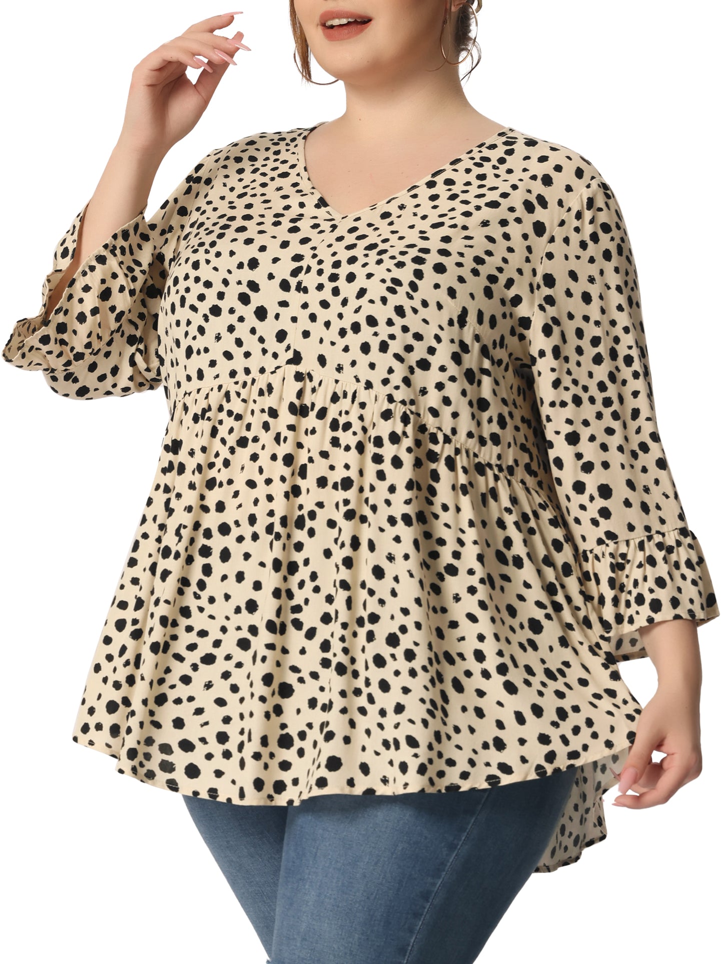 Women Plus Size Polka Dots Blouses V Neck 3/4 Ruffle Sleeve Peplum Top