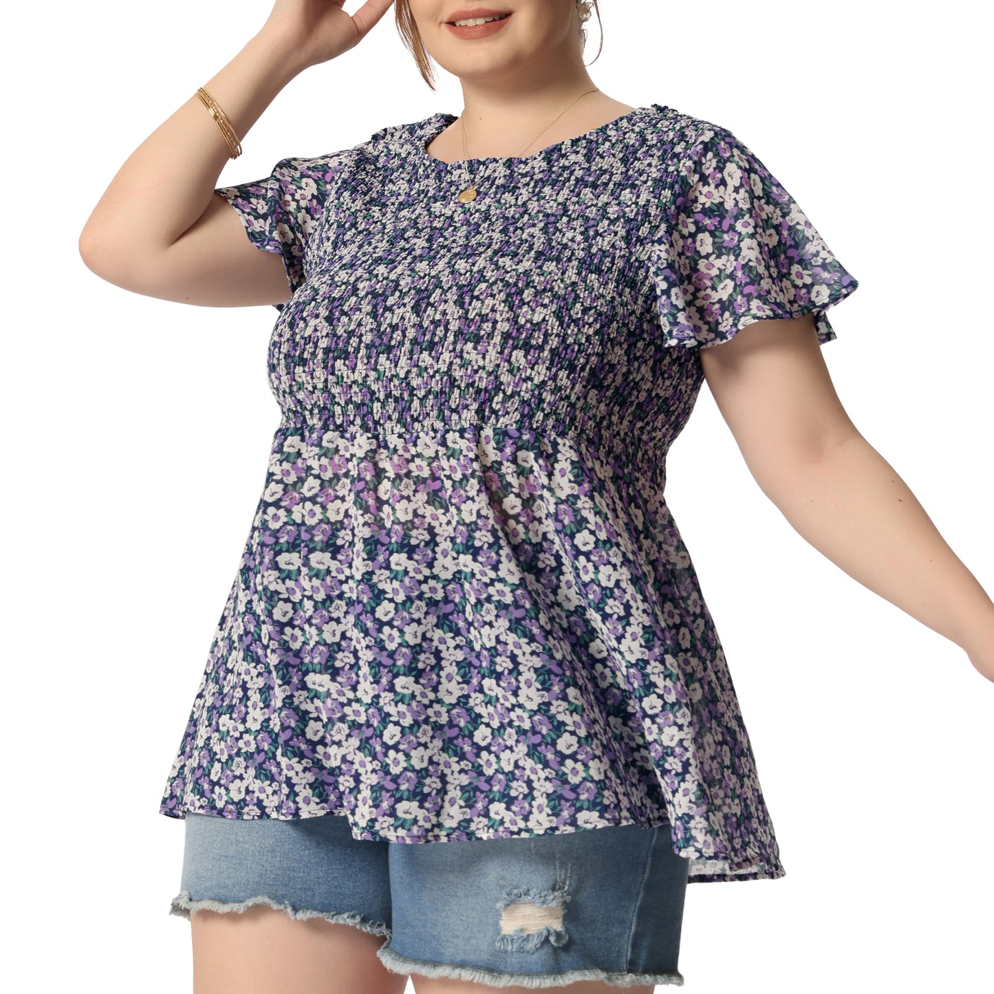Women Plus Size Chiffon Blouse Summer Flare Short Sleeve Smocked Ditsy Floral Peplum Top