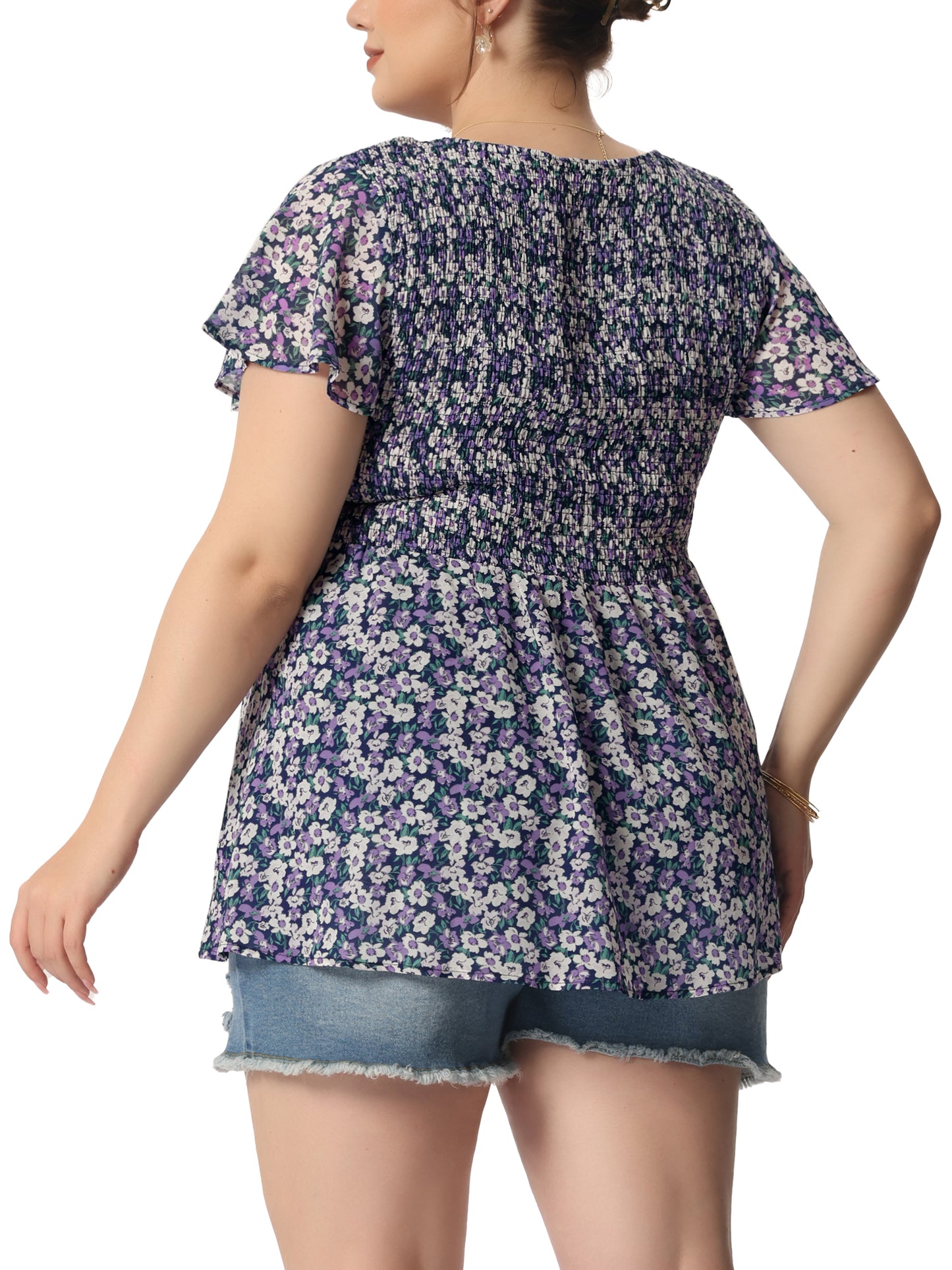 Women Plus Size Chiffon Blouse Summer Flare Short Sleeve Smocked Ditsy Floral Peplum Top