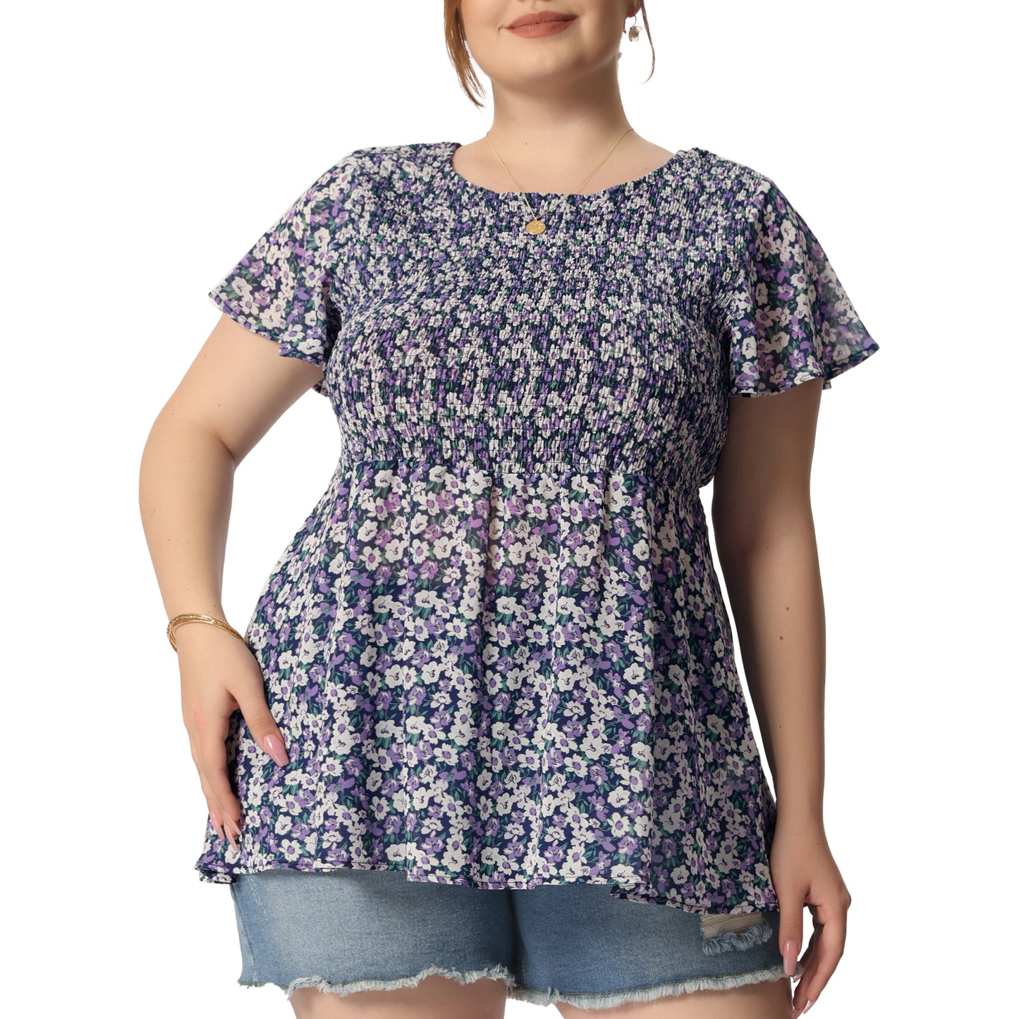 Women Plus Size Chiffon Blouse Summer Flare Short Sleeve Smocked Ditsy Floral Peplum Top