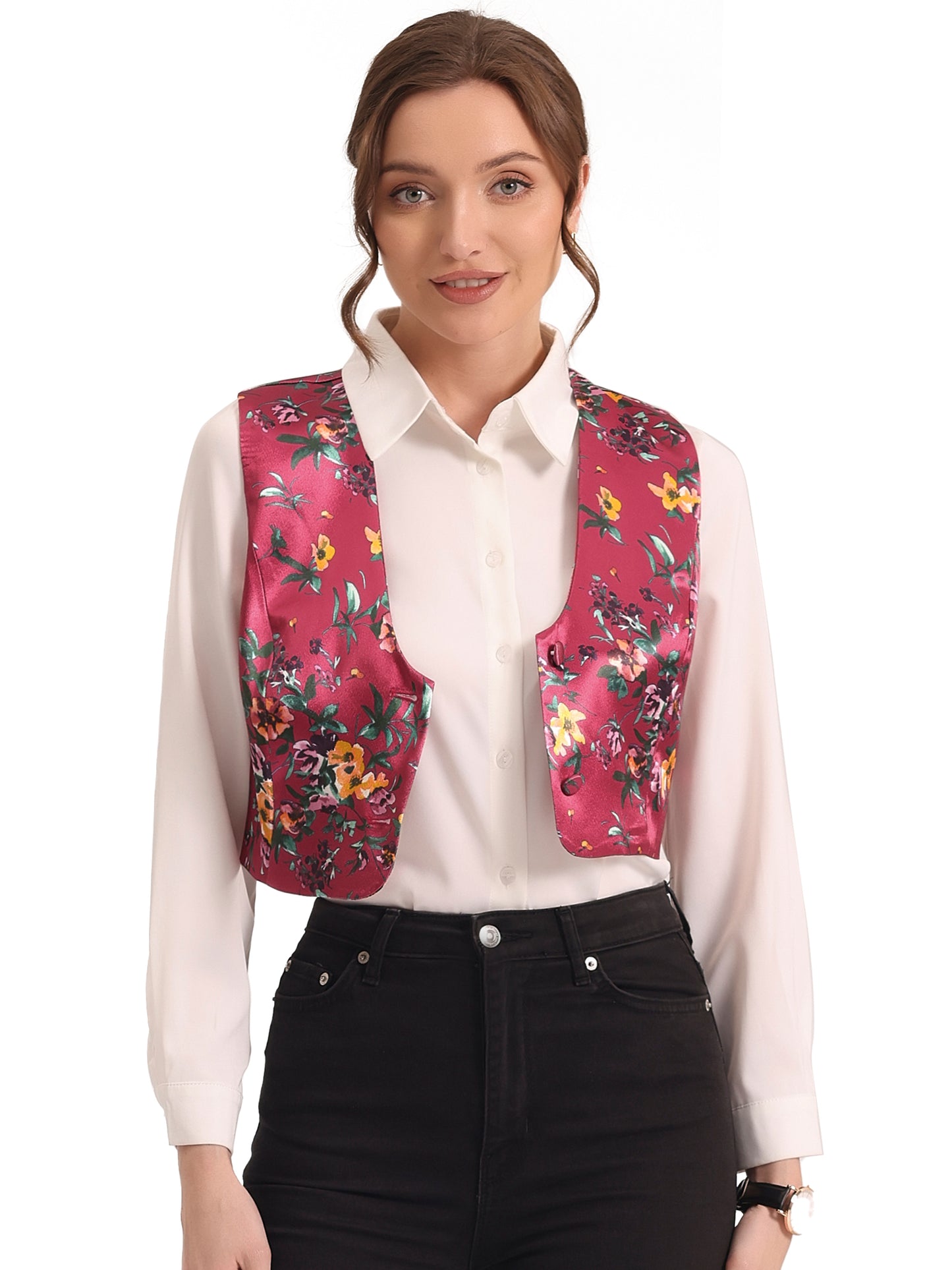 Women's Floral Pattern Vest Button Closure Cropped Satin Vintage Retro Waistcoat Vest
