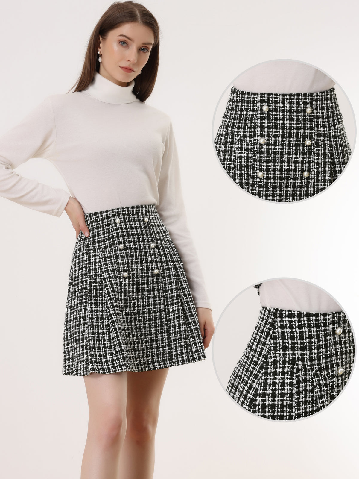 Women's Plaid Tweed Skirt Elegant High Waist Button Decor A-Line Mini Skirt