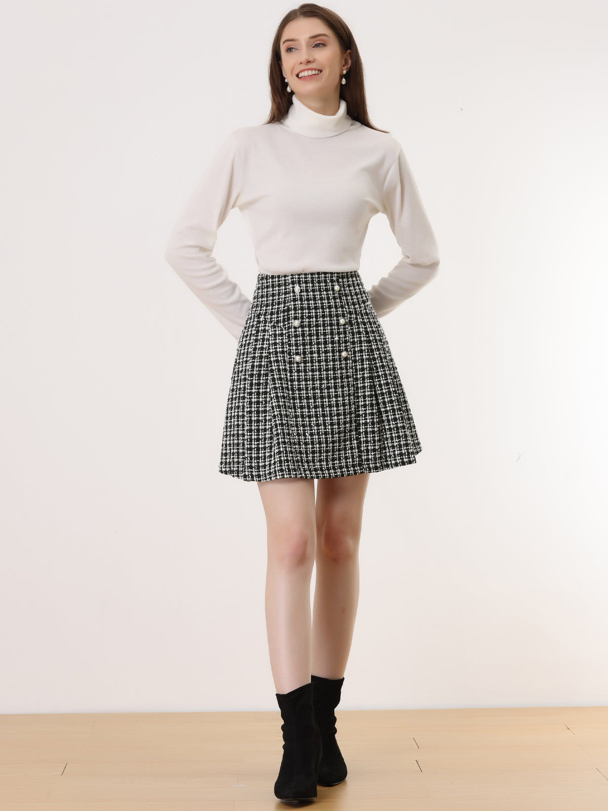 Women's Plaid Tweed Skirt Elegant High Waist Button Decor A-Line Mini Skirt