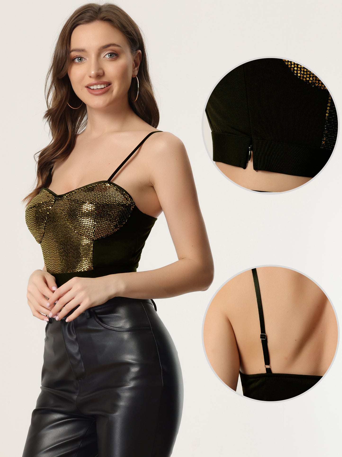 Women's Spaghetti Strap Sexy Sweetheart Neck Party Sequin Crop Cami Top