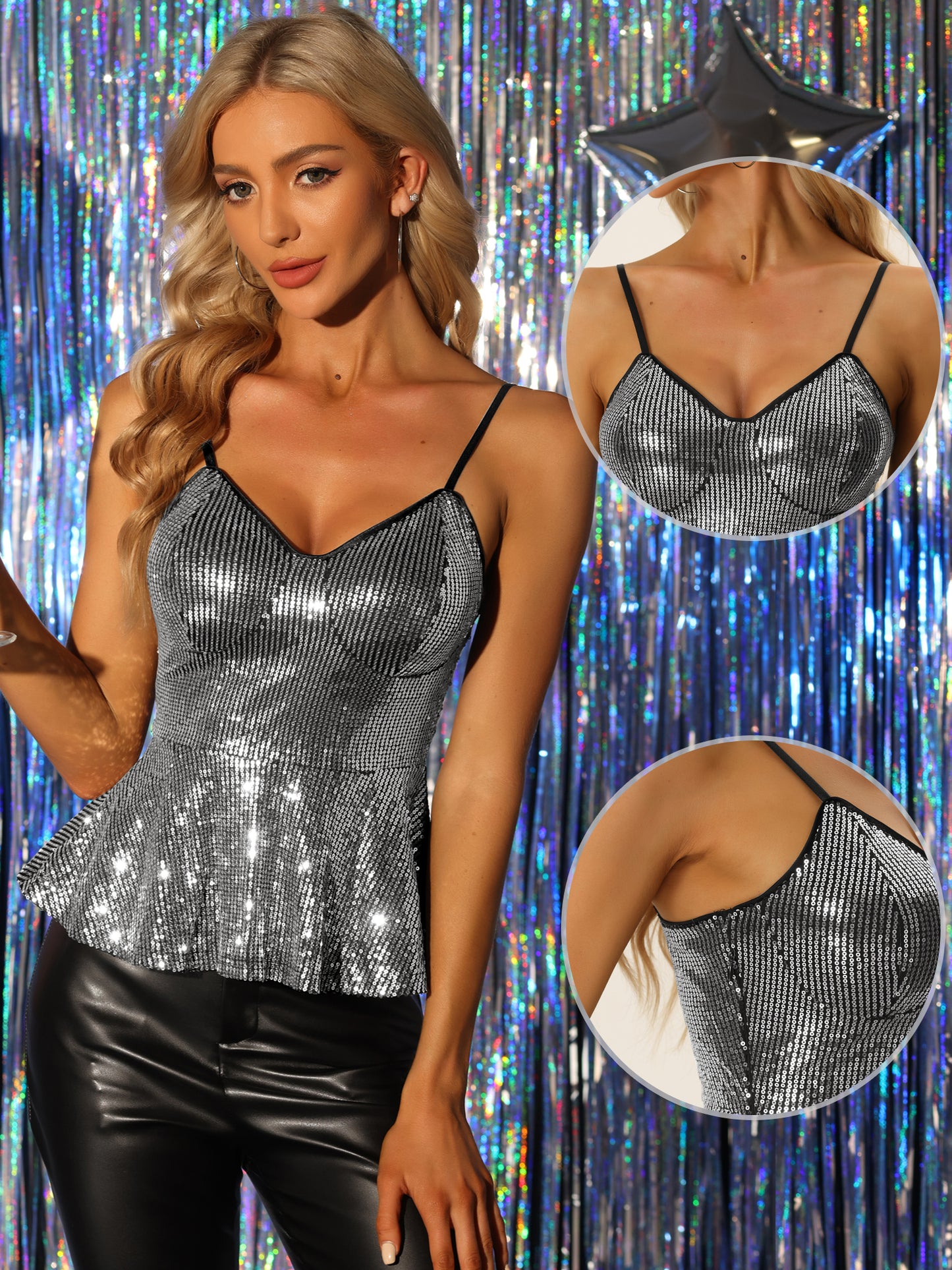 Women's Sequin Sparkle Tank Top V Neck Ruffle Camisole Sleeveless Peplum Top
