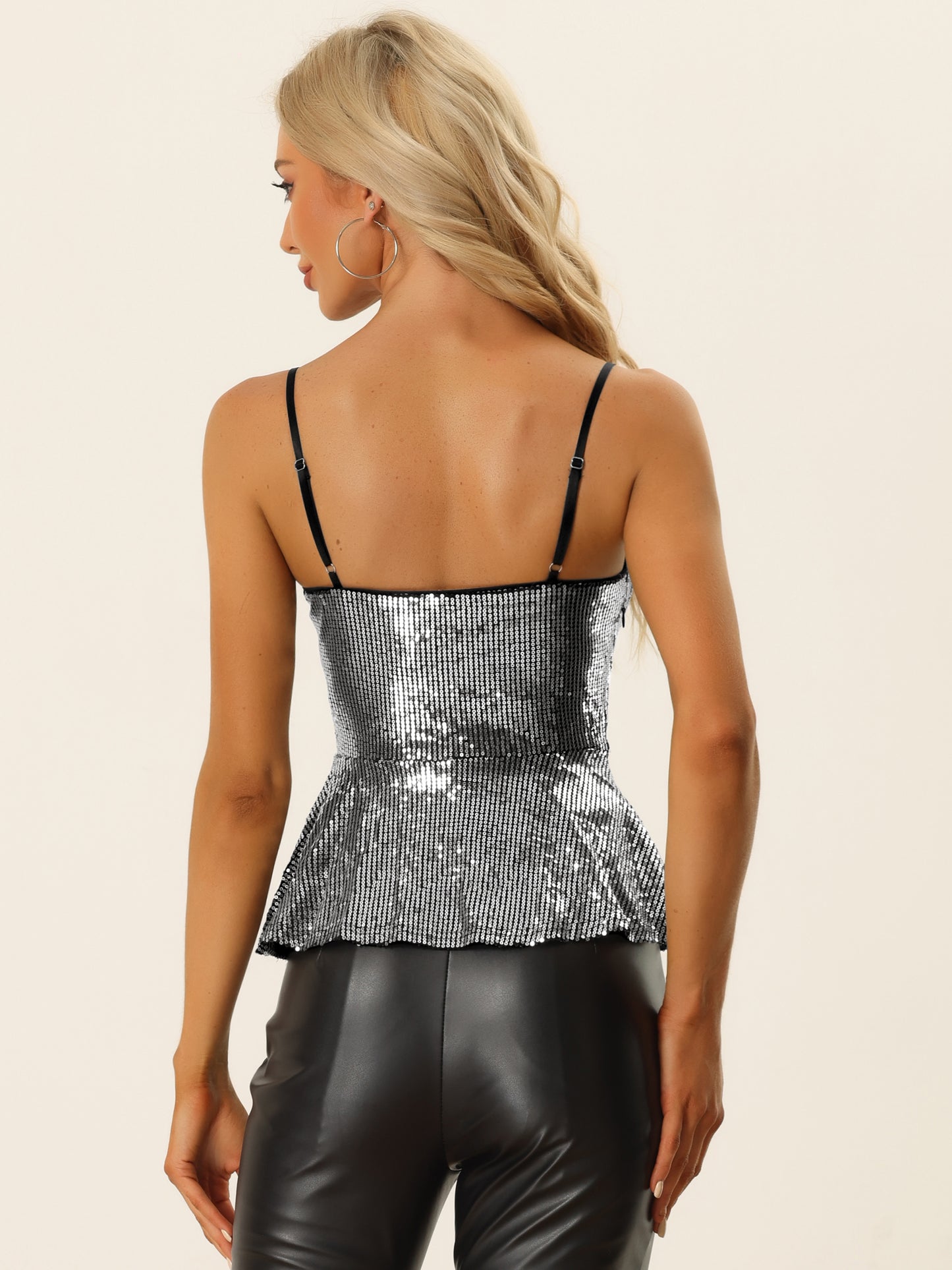 Women's Sequin Sparkle Tank Top V Neck Ruffle Camisole Sleeveless Peplum Top