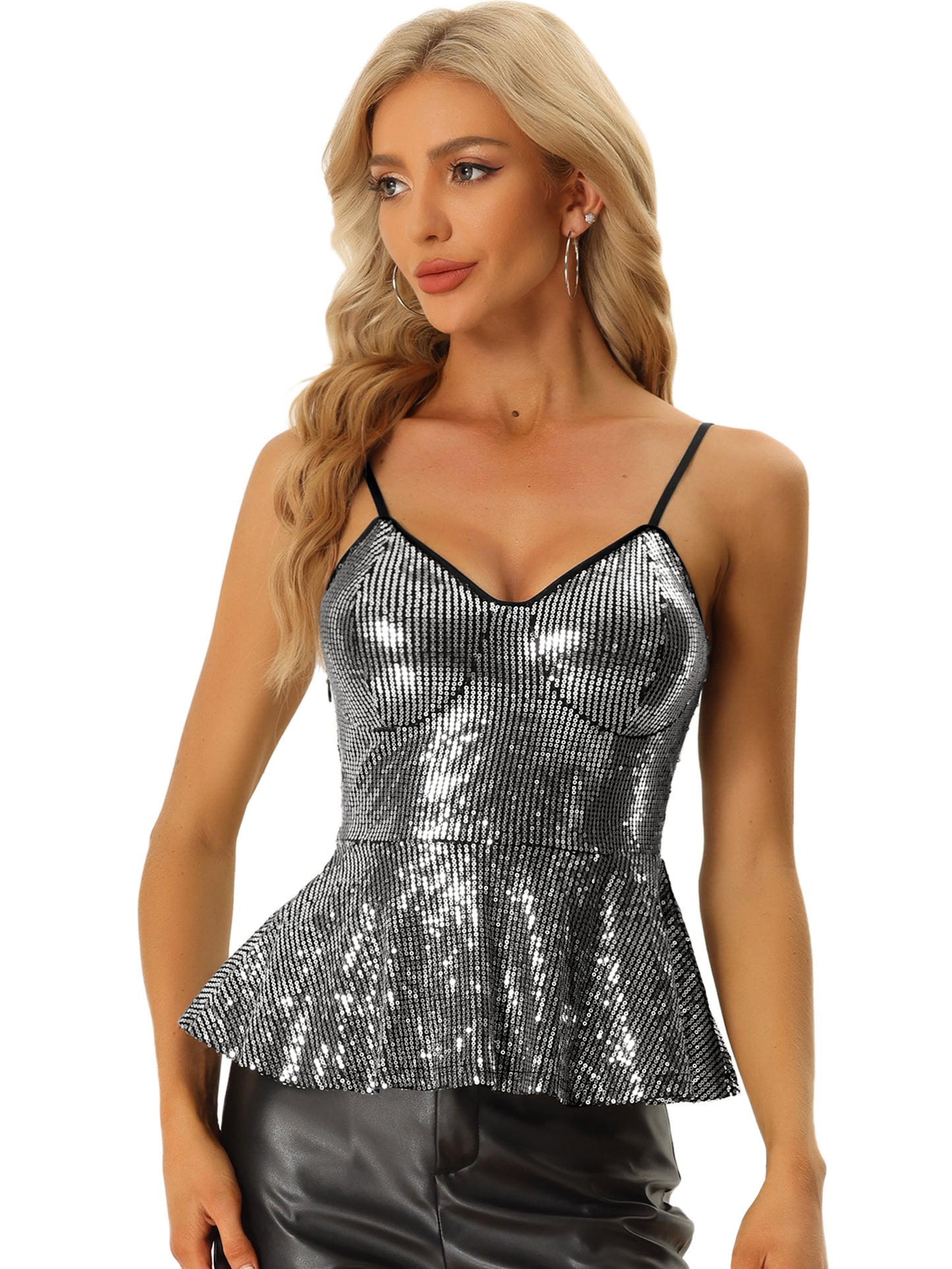 Women's Sequin Sparkle Tank Top V Neck Ruffle Camisole Sleeveless Peplum Top