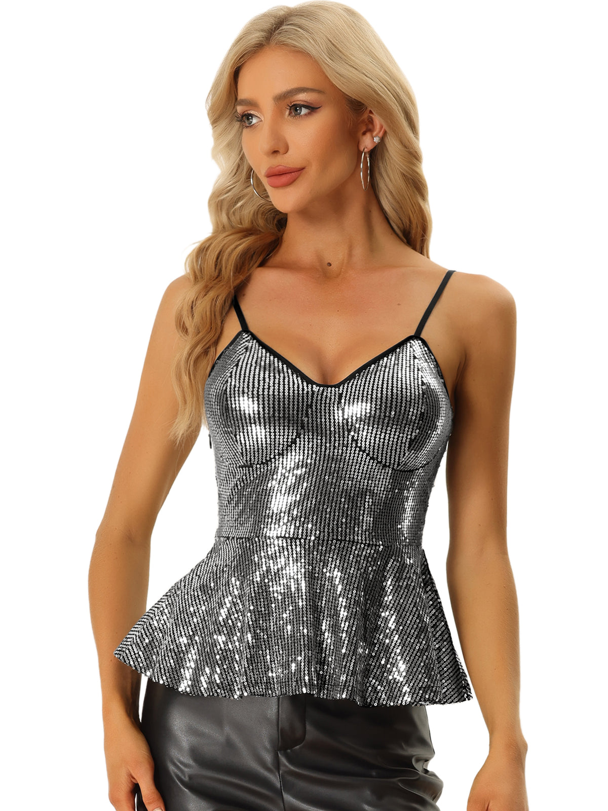 Women's Sequin Sparkle Tank Top V Neck Ruffle Camisole Sleeveless Peplum Top