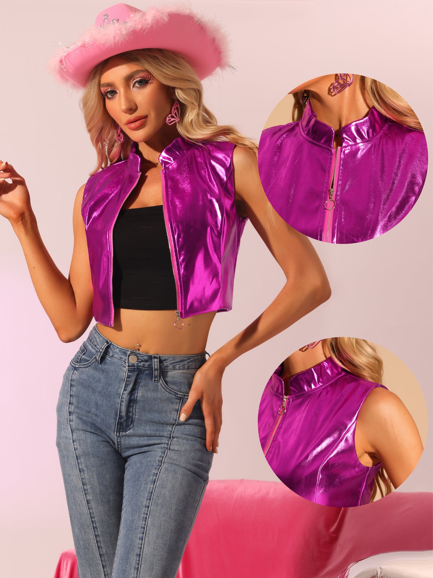 Women's Faux Leather Zip Up Sleeveless Cropped Metallic Shiny Vest