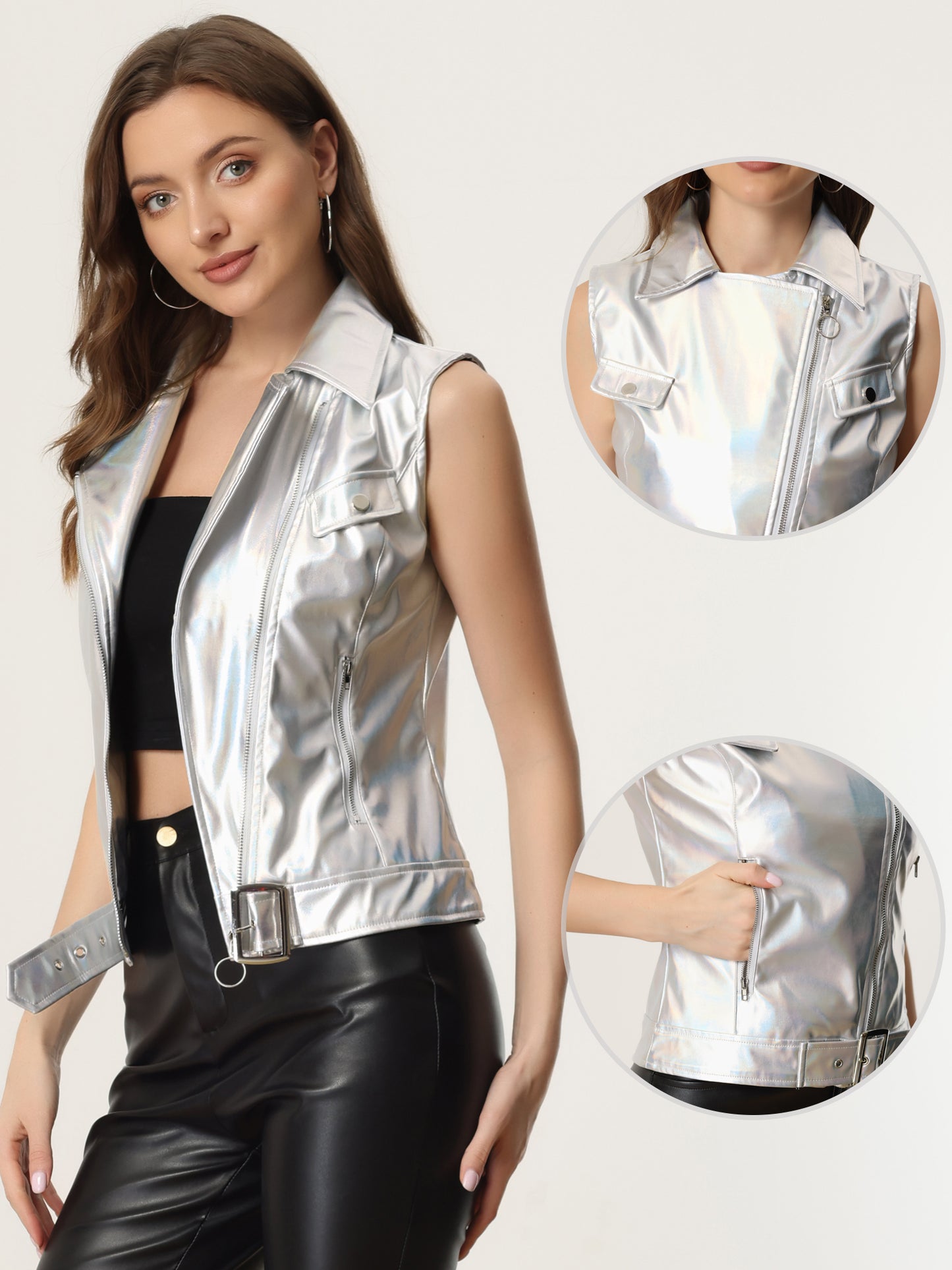 Women Zip Up Moto Biker Sleeveless Metallic Holographic Shiny Vest
