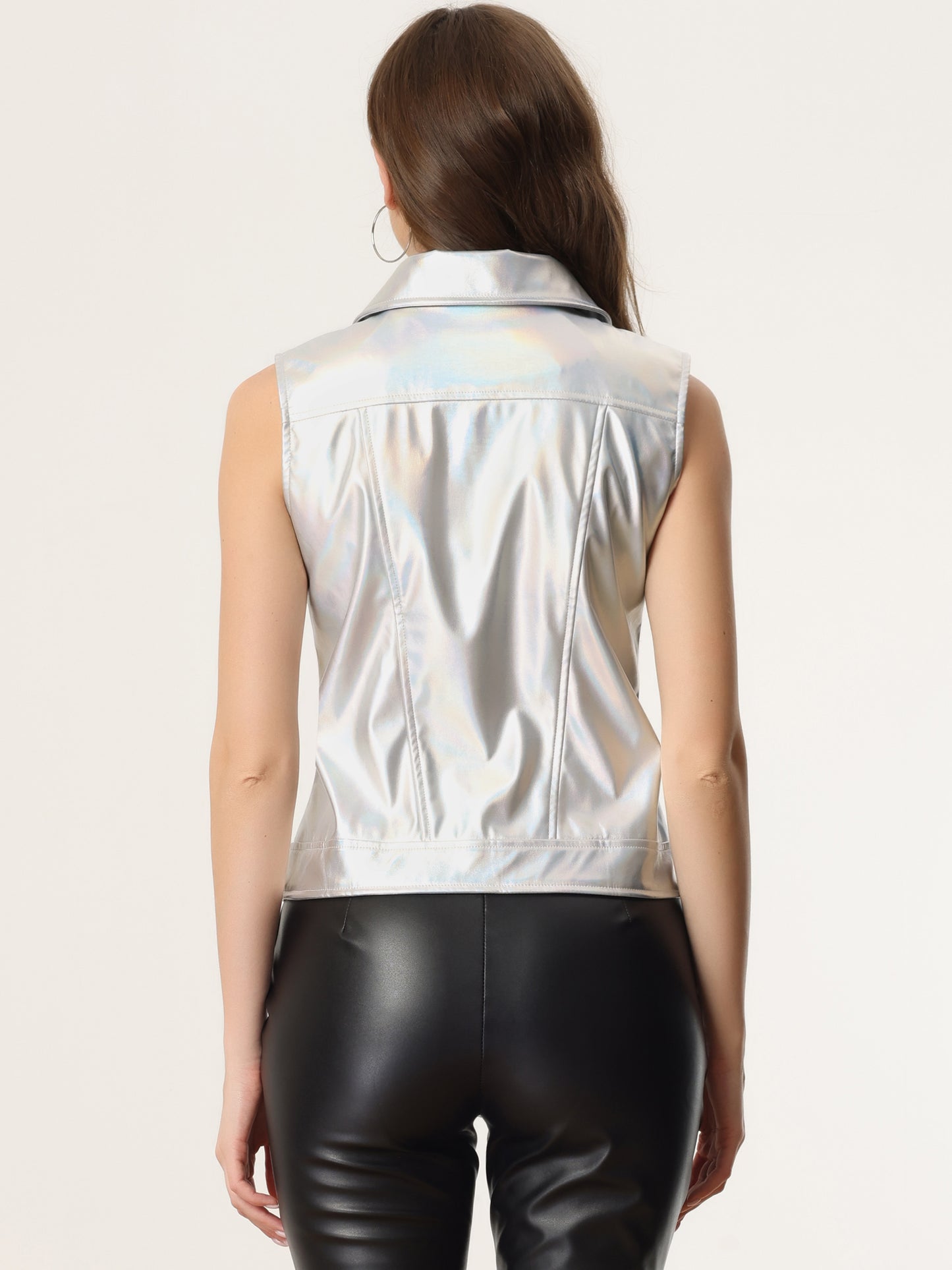 Women Zip Up Moto Biker Sleeveless Metallic Holographic Shiny Vest