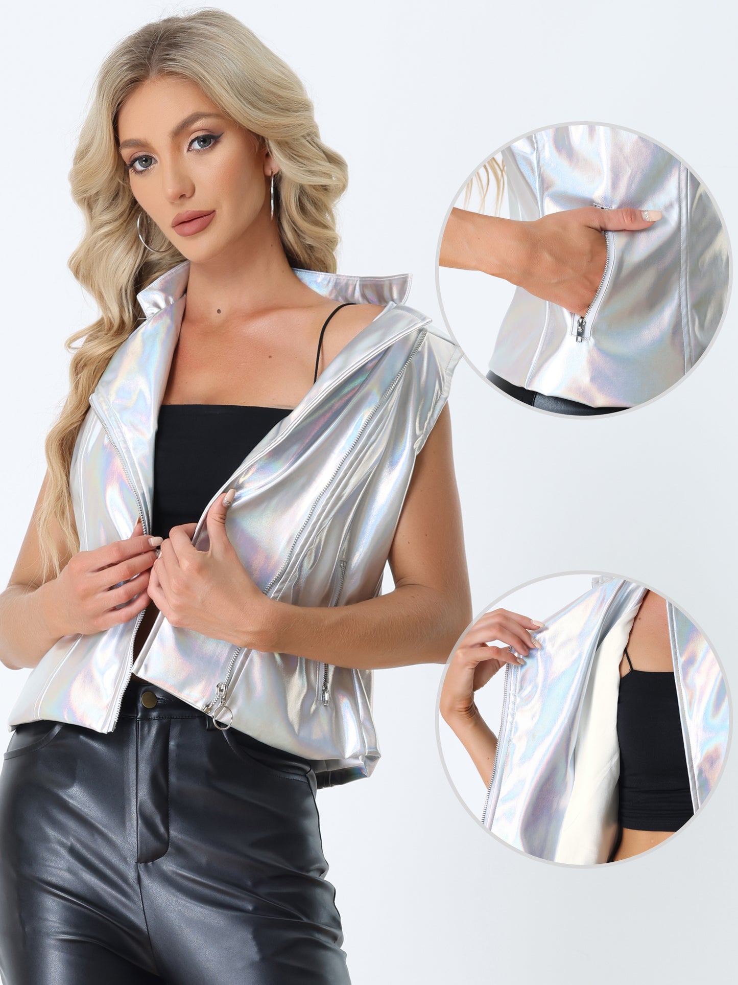 Women's Metallic Holographic Shiny Stand Collar Sleeveless Faux Leather Retro Disco Vest