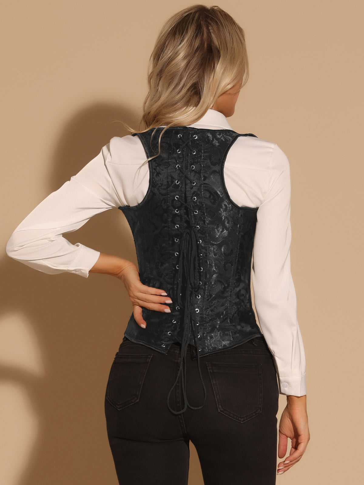 Women's Waist Corsets Bustier Jacquard Lace Up Back Steel Shaperwear Tank Underbust Corset
