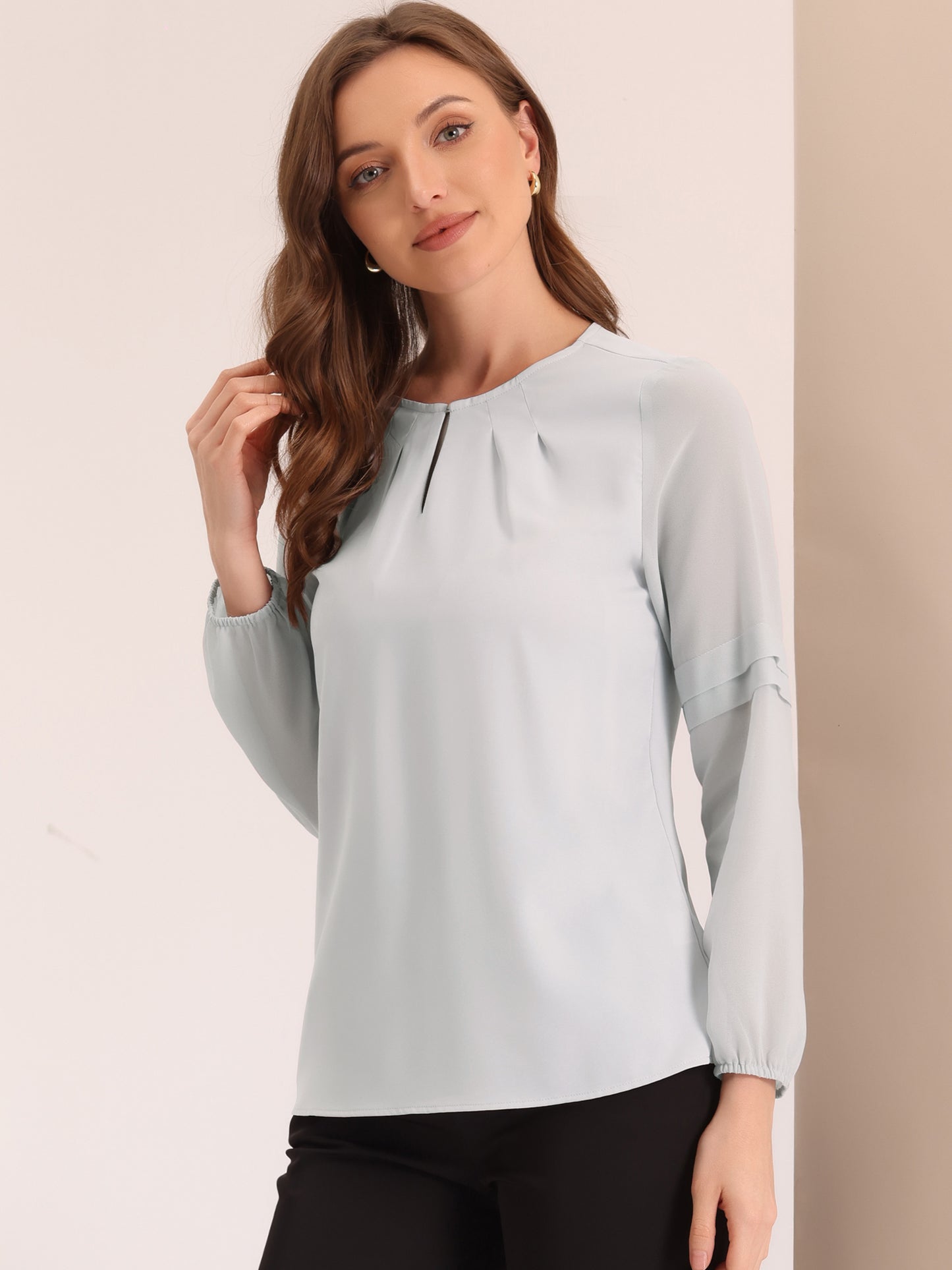 Women's Keyhole Neck Long Sleeve Business Casual Blouse Shirt