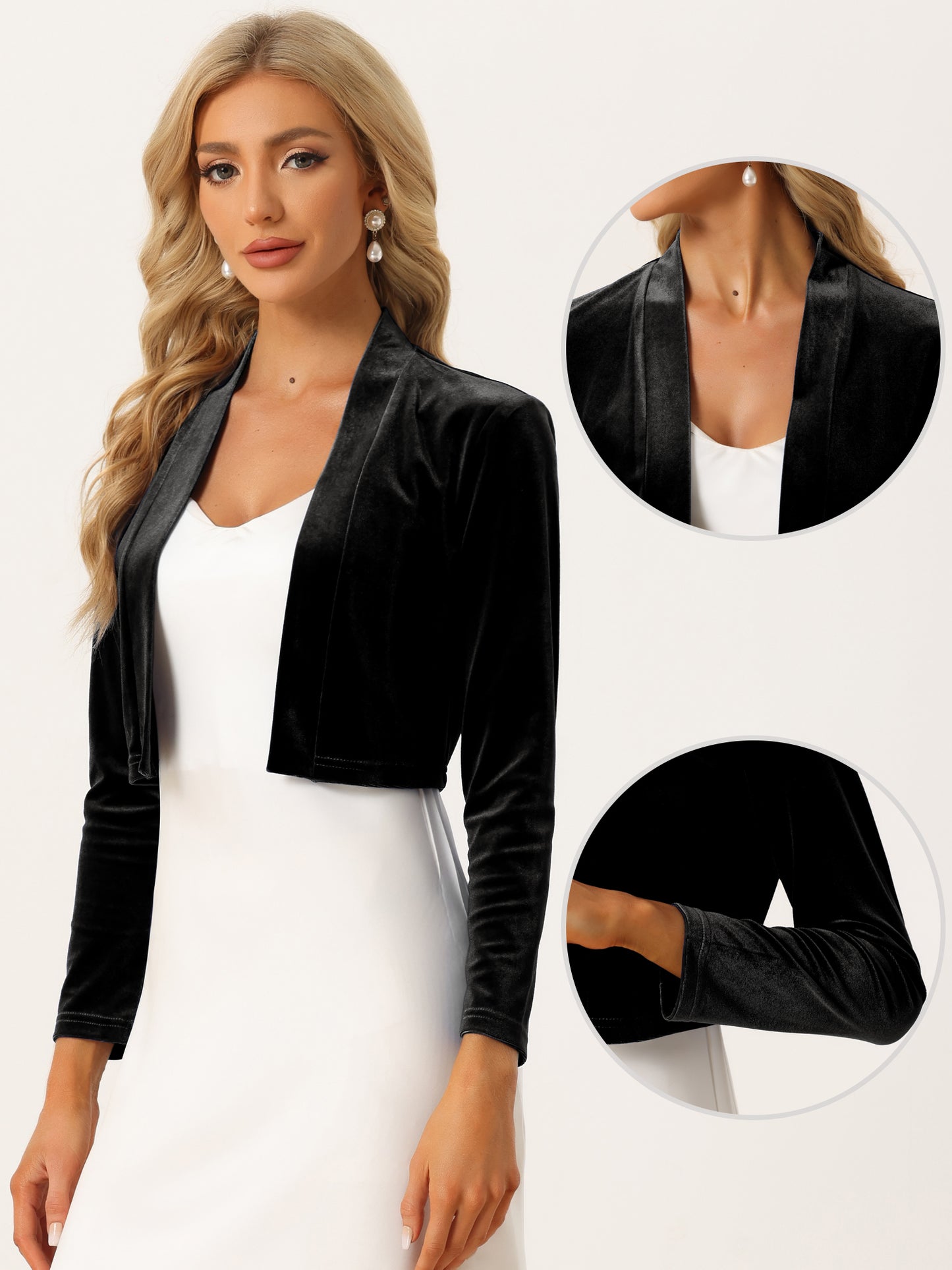Women's Velvet Shrug Long Sleeve Open Front Cardigan Cocktail Party Cropped Bolero Jacket