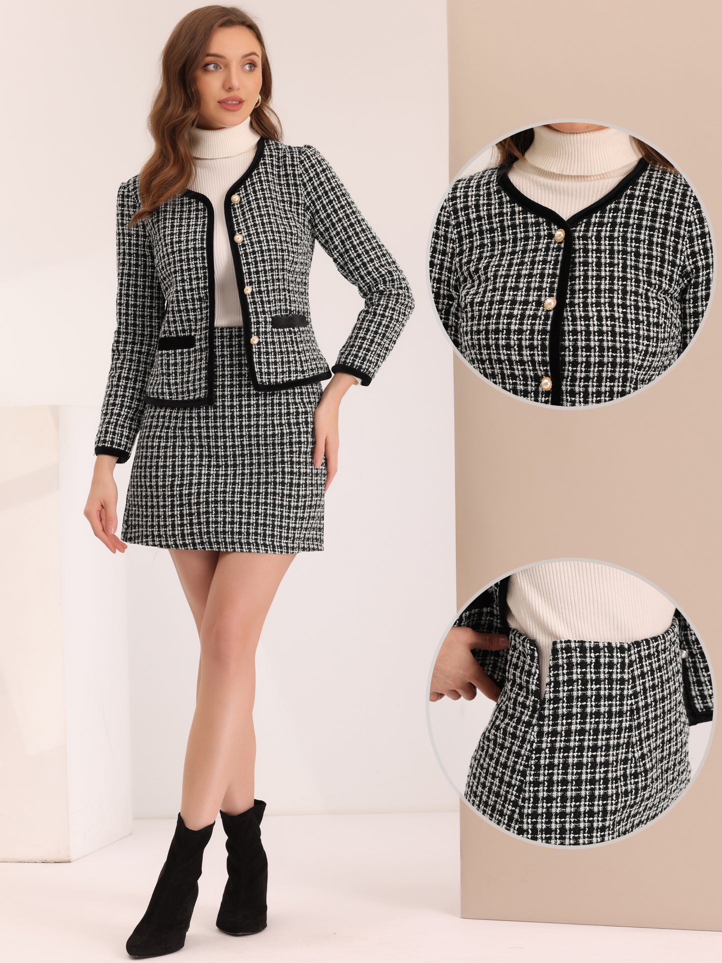 Women's 2 Piece Plaid Tweed Short Blazer Jacket and Skirt Business Suit Set
