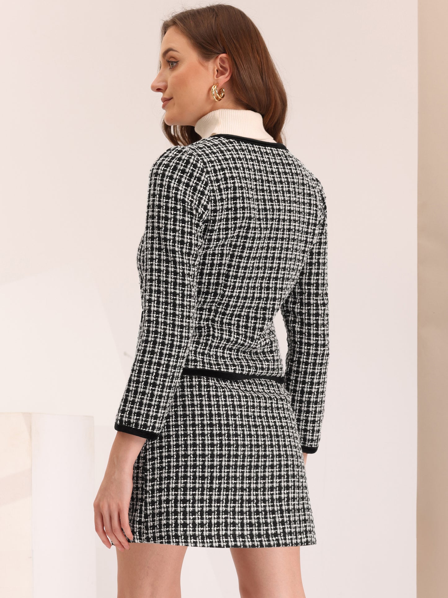 Women's 2 Piece Plaid Tweed Short Blazer Jacket and Skirt Business Suit Set